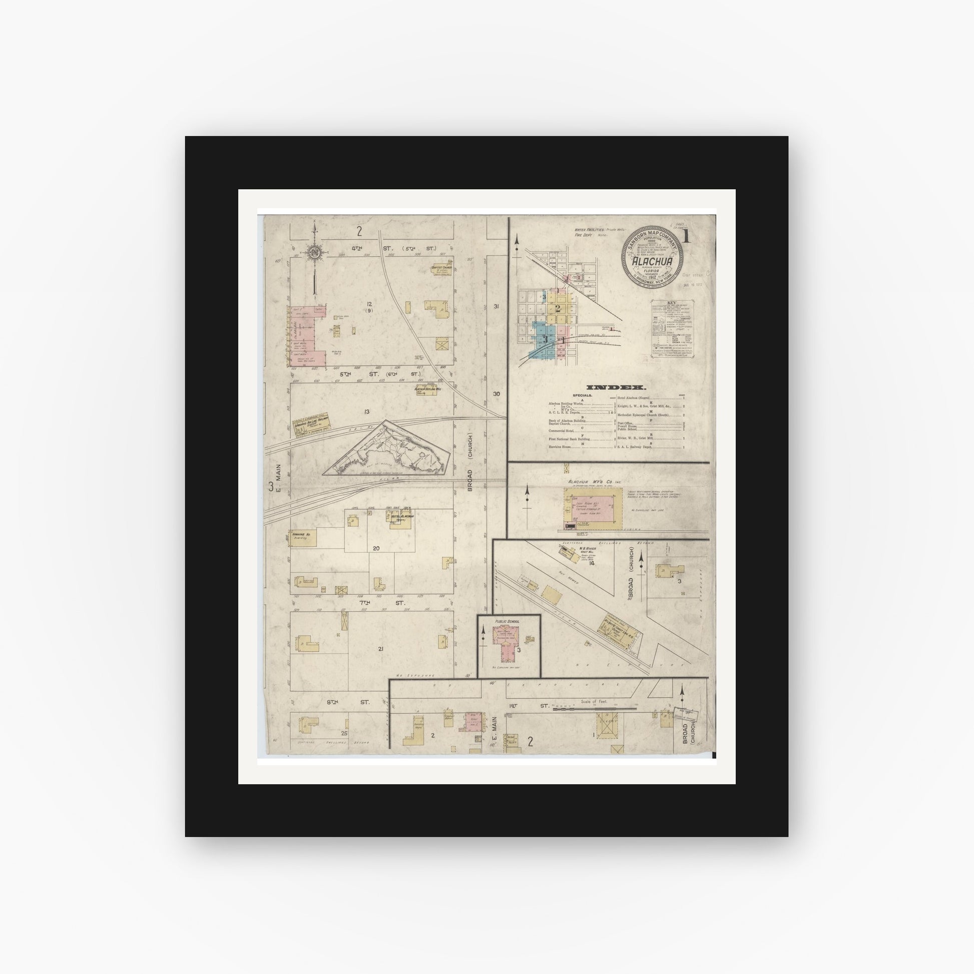 Old map wall art mockup — black gallery frame with white mat — Sanborn Fire Insurance Map from Alachua, Alachua County, Florida (1912), Sheet #0001