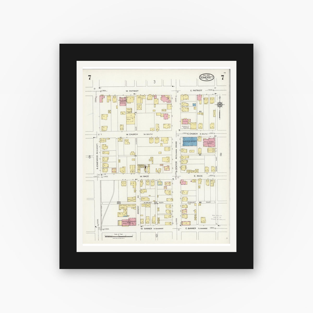 Old map wall art mockup — black gallery frame with white mat — Sanborn Fire Insurance Map from Somerset, Somerset County, Pennsylvania (1924), Sheet #0007