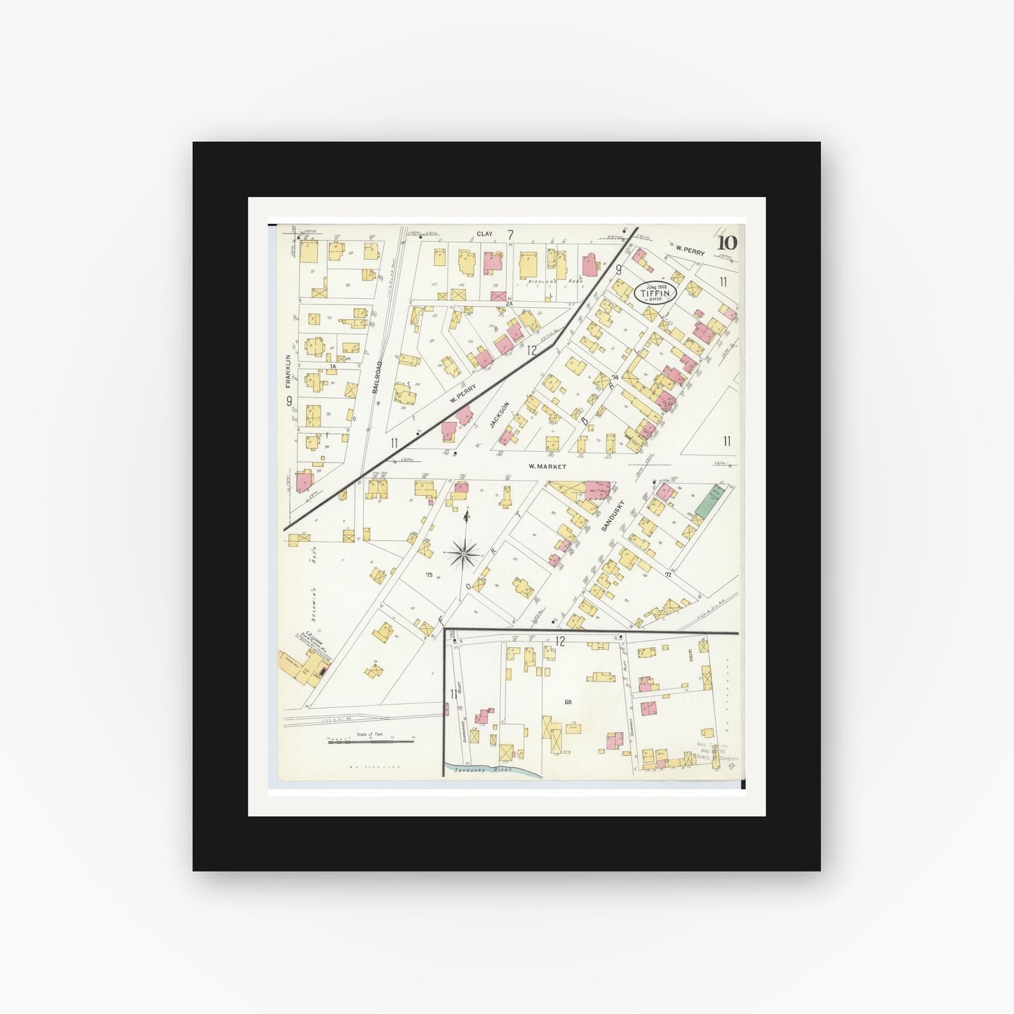 Old map wall art mockup — black gallery frame with white mat — Sanborn Fire Insurance Map from Tiffin, Seneca County, Ohio (1908), Sheet #0010