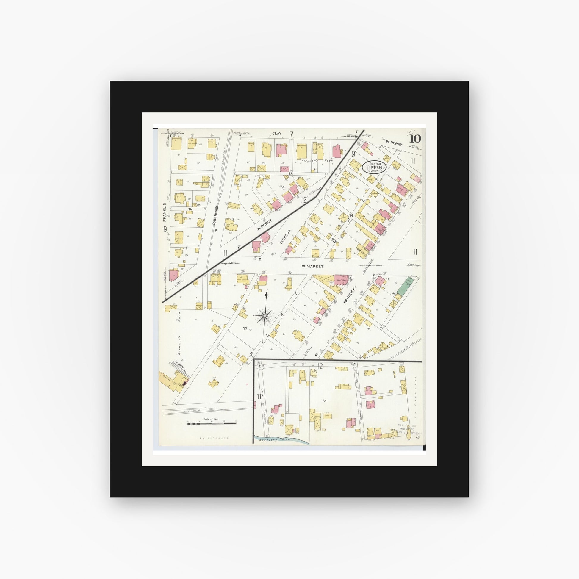 Old map wall art mockup — black gallery frame with white mat — Sanborn Fire Insurance Map from Tiffin, Seneca County, Ohio (1908), Sheet #0010
