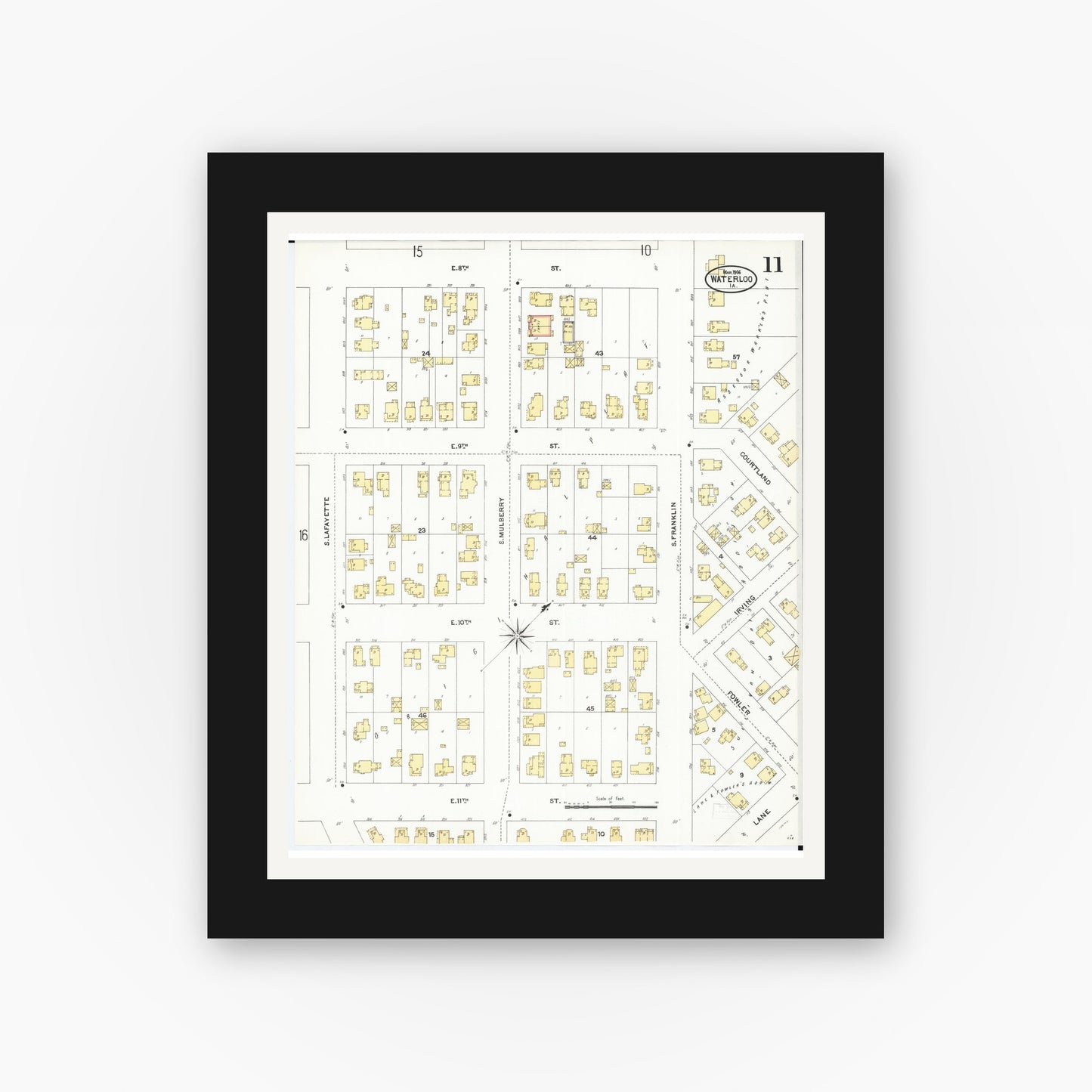 Old map wall art mockup — black gallery frame with white mat — Sanborn Fire Insurance Map from Waterloo, Black Hawk County, Iowa (1906), Sheet #0011