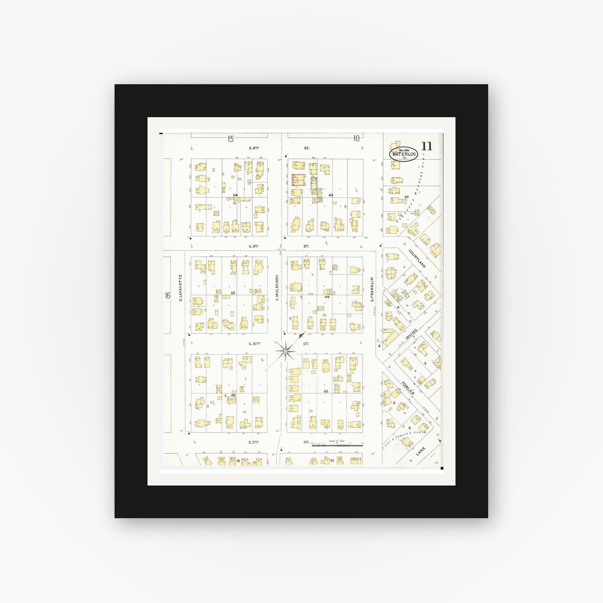 Old map wall art mockup — black gallery frame with white mat — Sanborn Fire Insurance Map from Waterloo, Black Hawk County, Iowa (1906), Sheet #0011