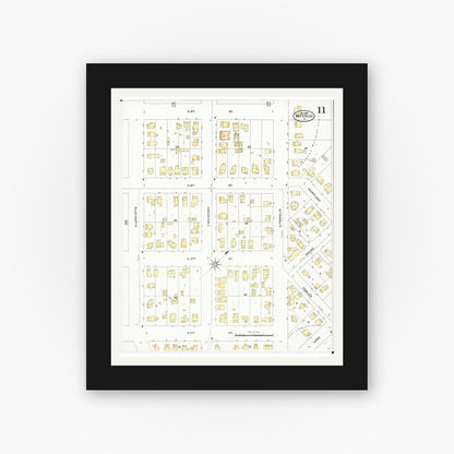 Old map wall art mockup — black gallery frame with white mat — Sanborn Fire Insurance Map from Waterloo, Black Hawk County, Iowa (1906), Sheet #0011