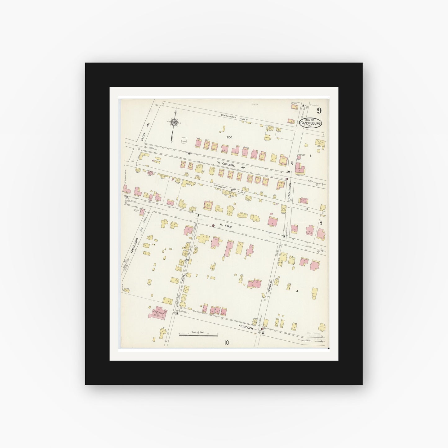 Old map wall art mockup — black gallery frame with white mat — Sanborn Fire Insurance Map from Canonsburg, Washington County, Pennsylvania (1913), Sheet #0009