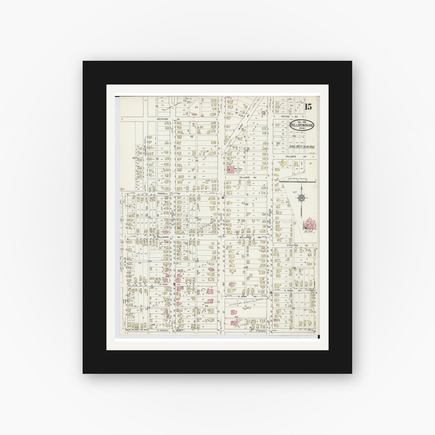 Old map wall art mockup — black gallery frame with white mat — Sanborn Fire Insurance Map from Bellefontaine, Logan County, Ohio (1914), Sheet #0015