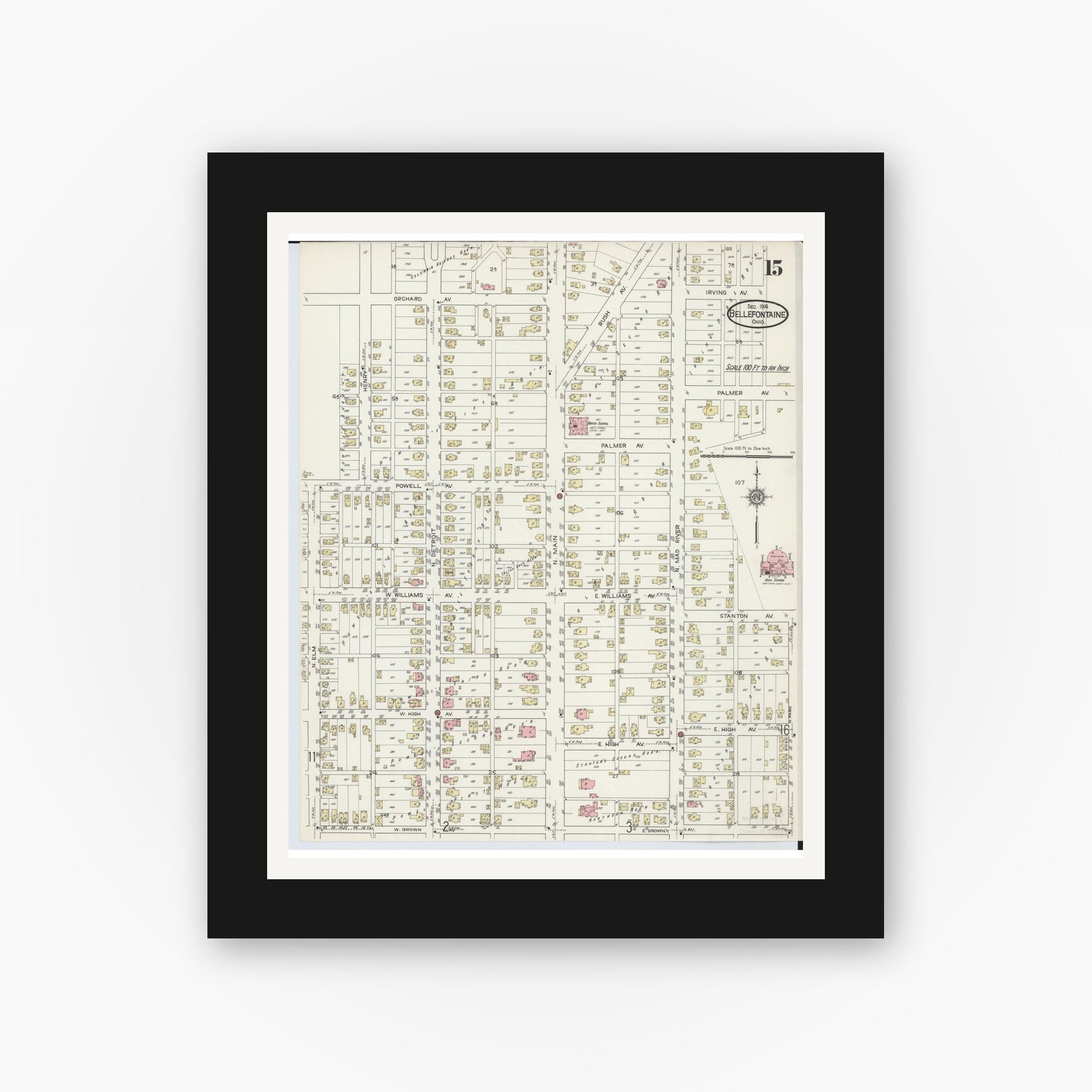 Old map wall art mockup — black gallery frame with white mat — Sanborn Fire Insurance Map from Bellefontaine, Logan County, Ohio (1914), Sheet #0015