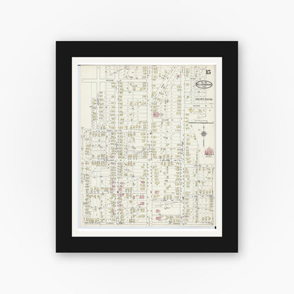 Old map wall art mockup — black gallery frame with white mat — Sanborn Fire Insurance Map from Bellefontaine, Logan County, Ohio (1914), Sheet #0015