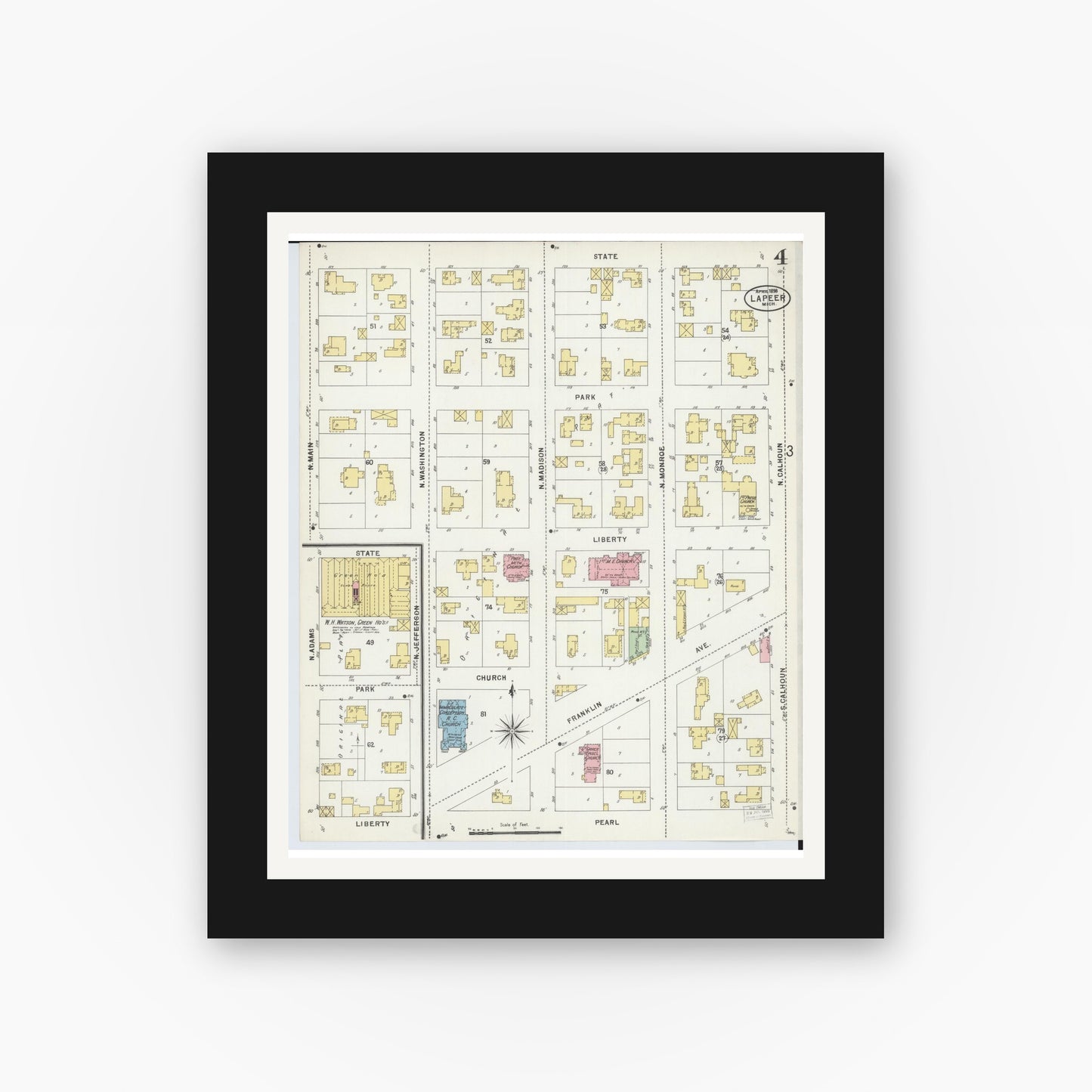 Old map wall art mockup — black gallery frame with white mat — Sanborn Fire Insurance Map from Lapeer, Lapeer County, Michigan (1898), Sheet #0004