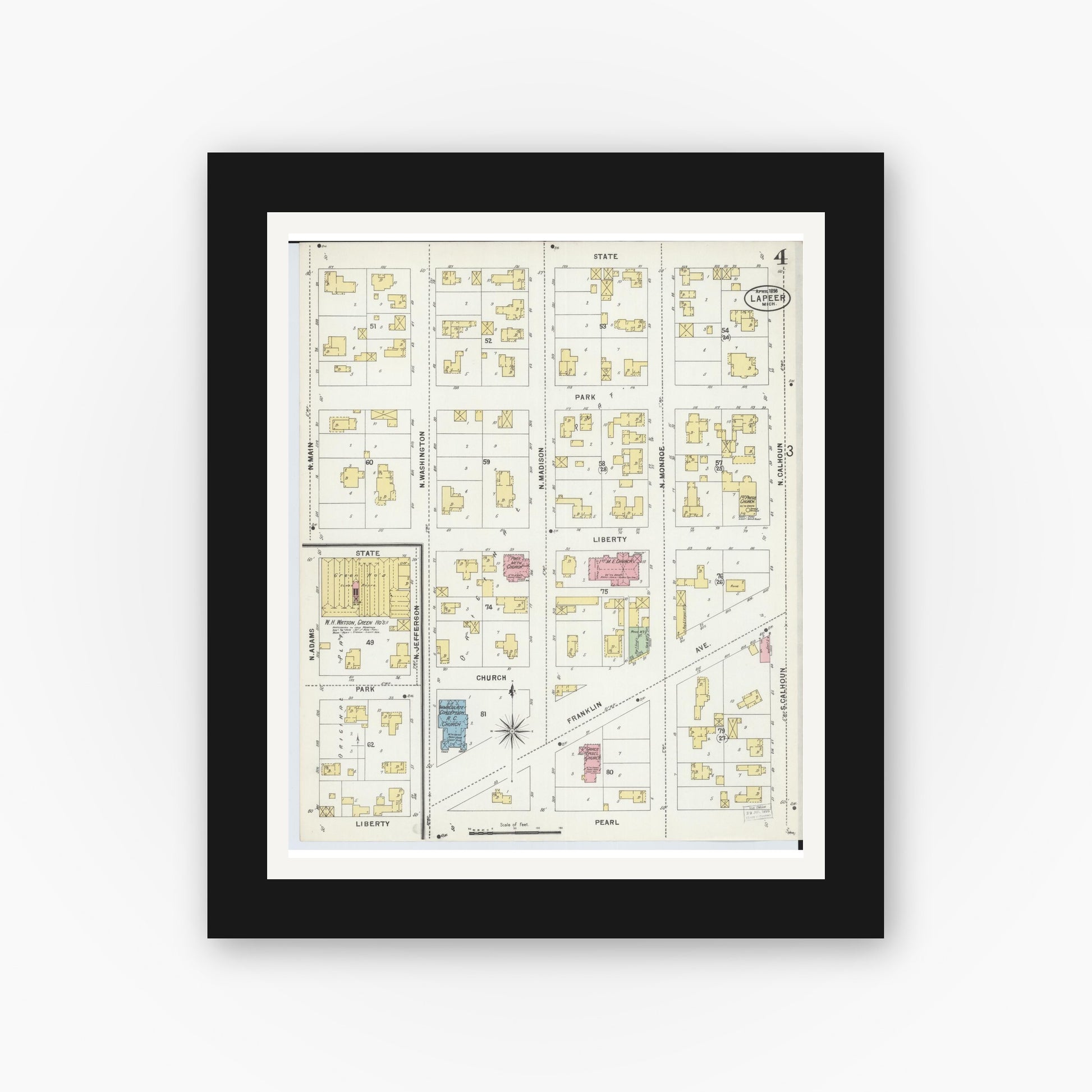 Old map wall art mockup — black gallery frame with white mat — Sanborn Fire Insurance Map from Lapeer, Lapeer County, Michigan (1898), Sheet #0004