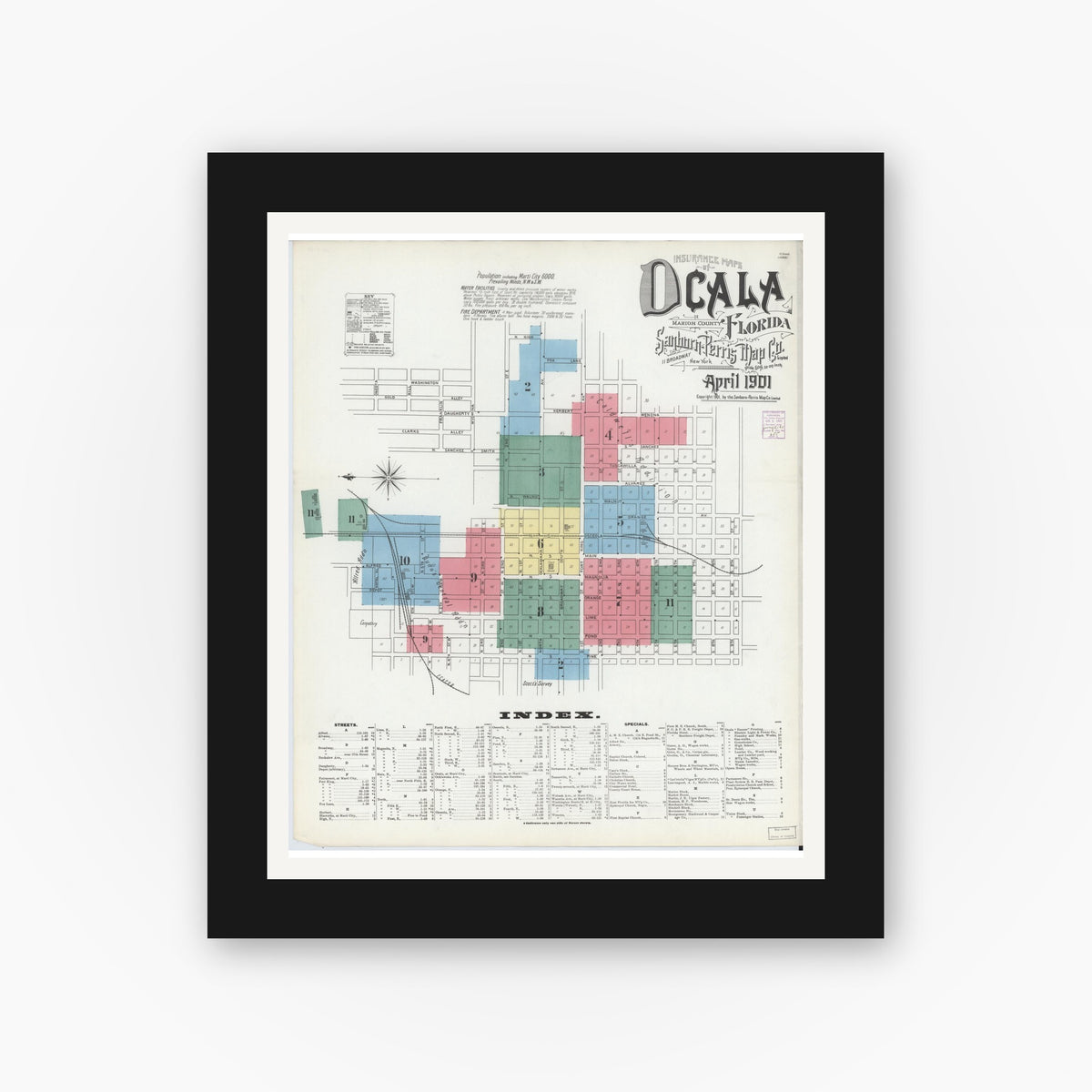 Old map wall art mockup — black gallery frame with white mat — Sanborn Fire Insurance Map from Ocala, Marion County, Florida (1901) - Complete Map Set