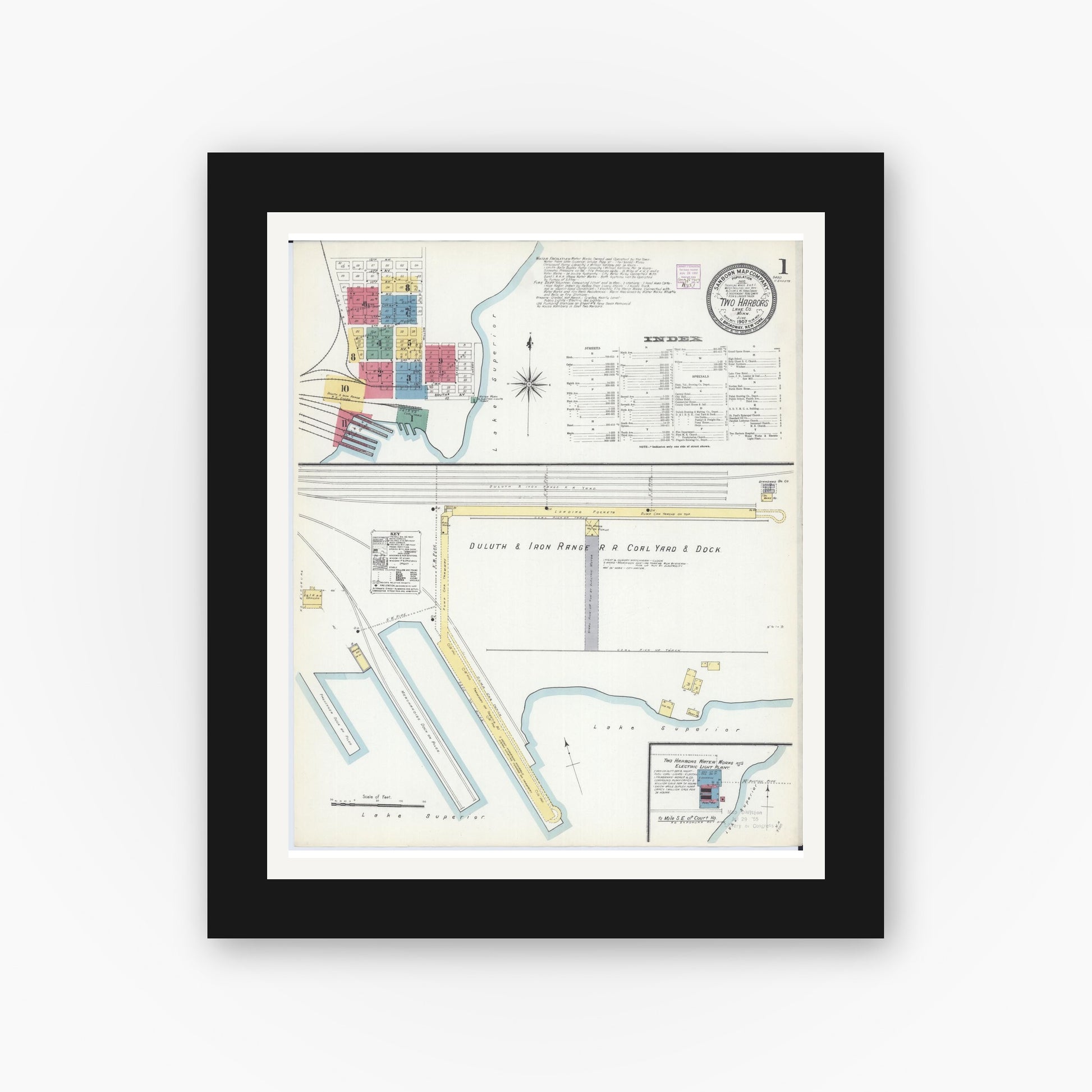 Old map wall art mockup — black gallery frame with white mat — Sanborn Fire Insurance Map from Two Harbors, Lake County, Minnesota (1907) - Complete Map Set