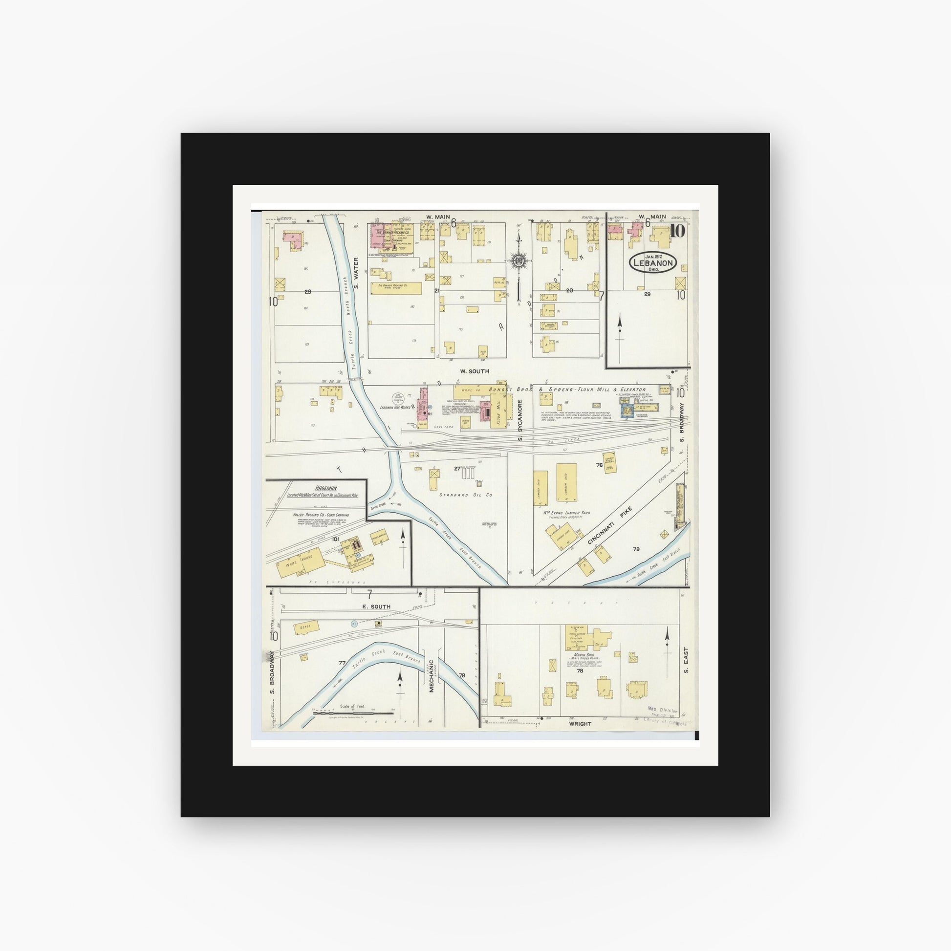 Old map wall art mockup — black gallery frame with white mat — Sanborn Fire Insurance Map from Lebanon, Warren County, Ohio (1917), Sheet #0010