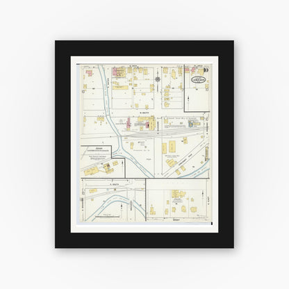 Old map wall art mockup — black gallery frame with white mat — Sanborn Fire Insurance Map from Lebanon, Warren County, Ohio (1917), Sheet #0010