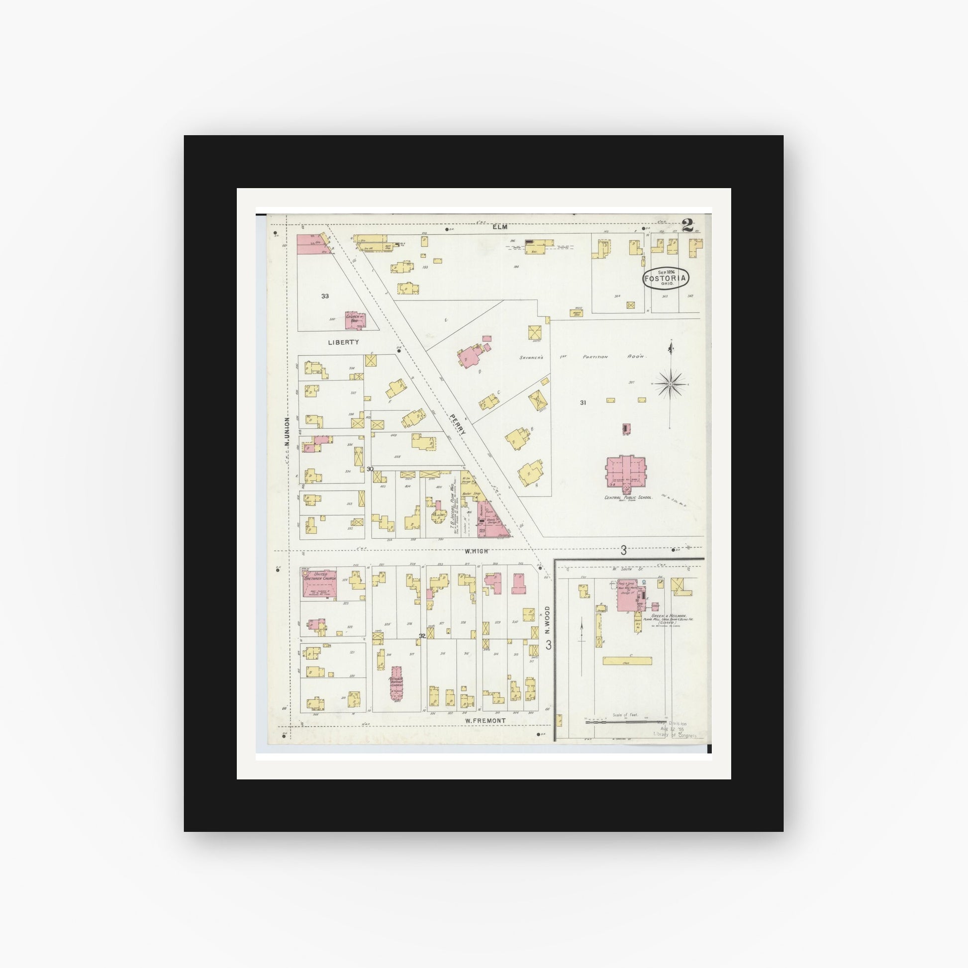 Old map wall art mockup — black gallery frame with white mat — Sanborn Fire Insurance Map from Fostoria, Seneca, Hancock, And Wood Counties, Ohio (1896), Sheet #0002