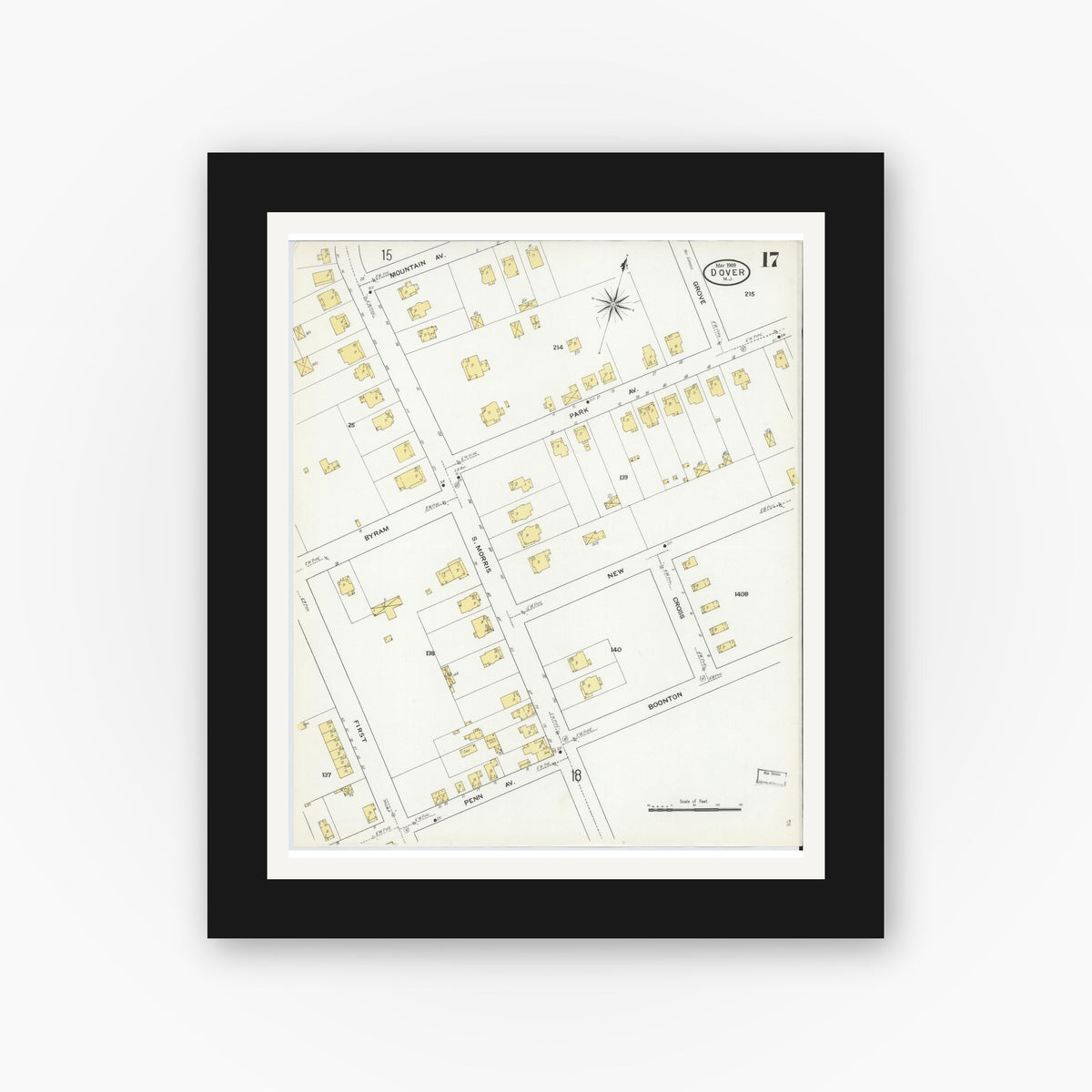 Old map wall art mockup — black gallery frame with white mat — Sanborn Fire Insurance Map from Dover, Morris County, New Jersey (1909), Sheet #0017