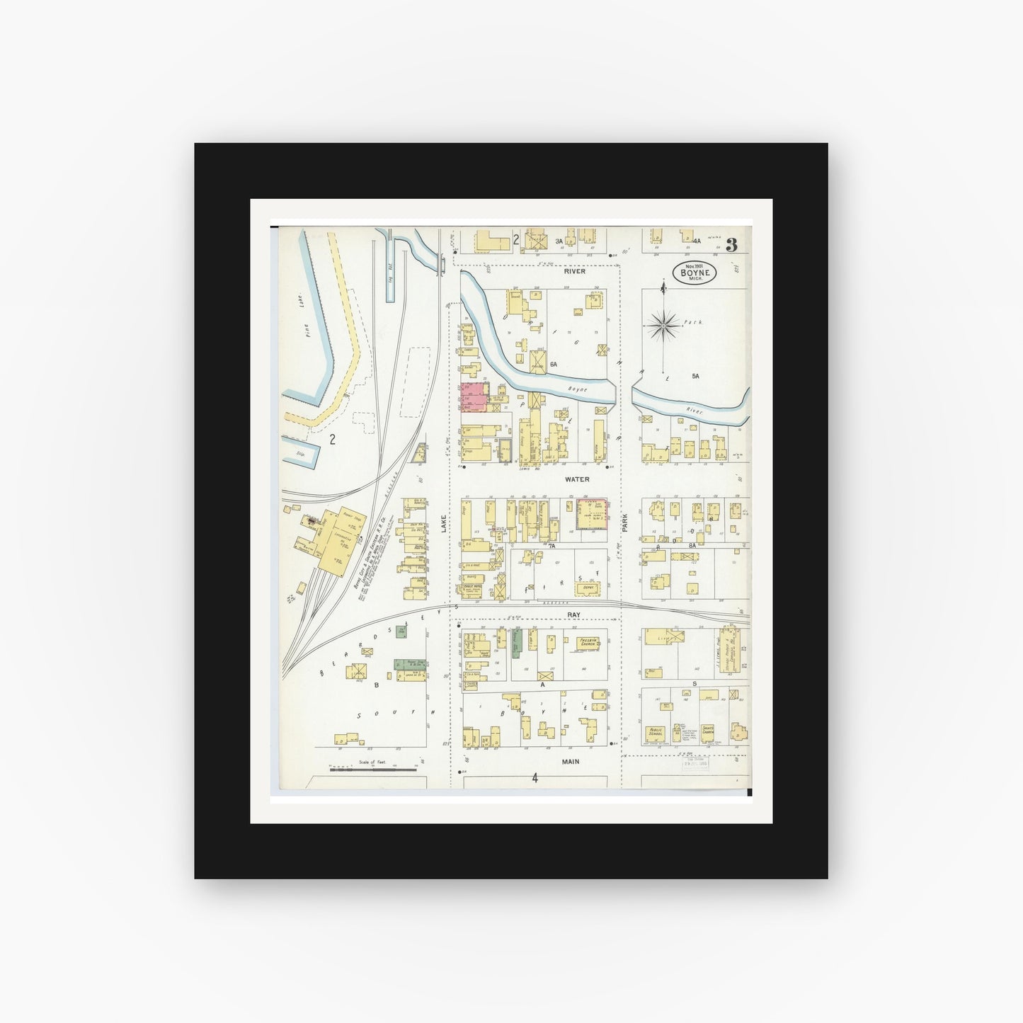 Old map wall art mockup — black gallery frame with white mat — Sanborn Fire Insurance Map from Boyne City, Charlevoix County, Michigan (1901), Sheet #0003