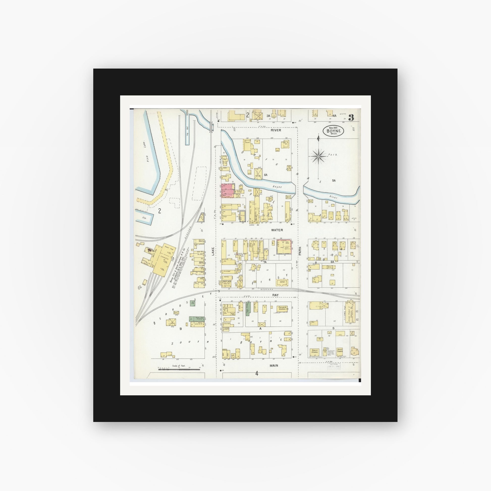 Old map wall art mockup — black gallery frame with white mat — Sanborn Fire Insurance Map from Boyne City, Charlevoix County, Michigan (1901), Sheet #0003