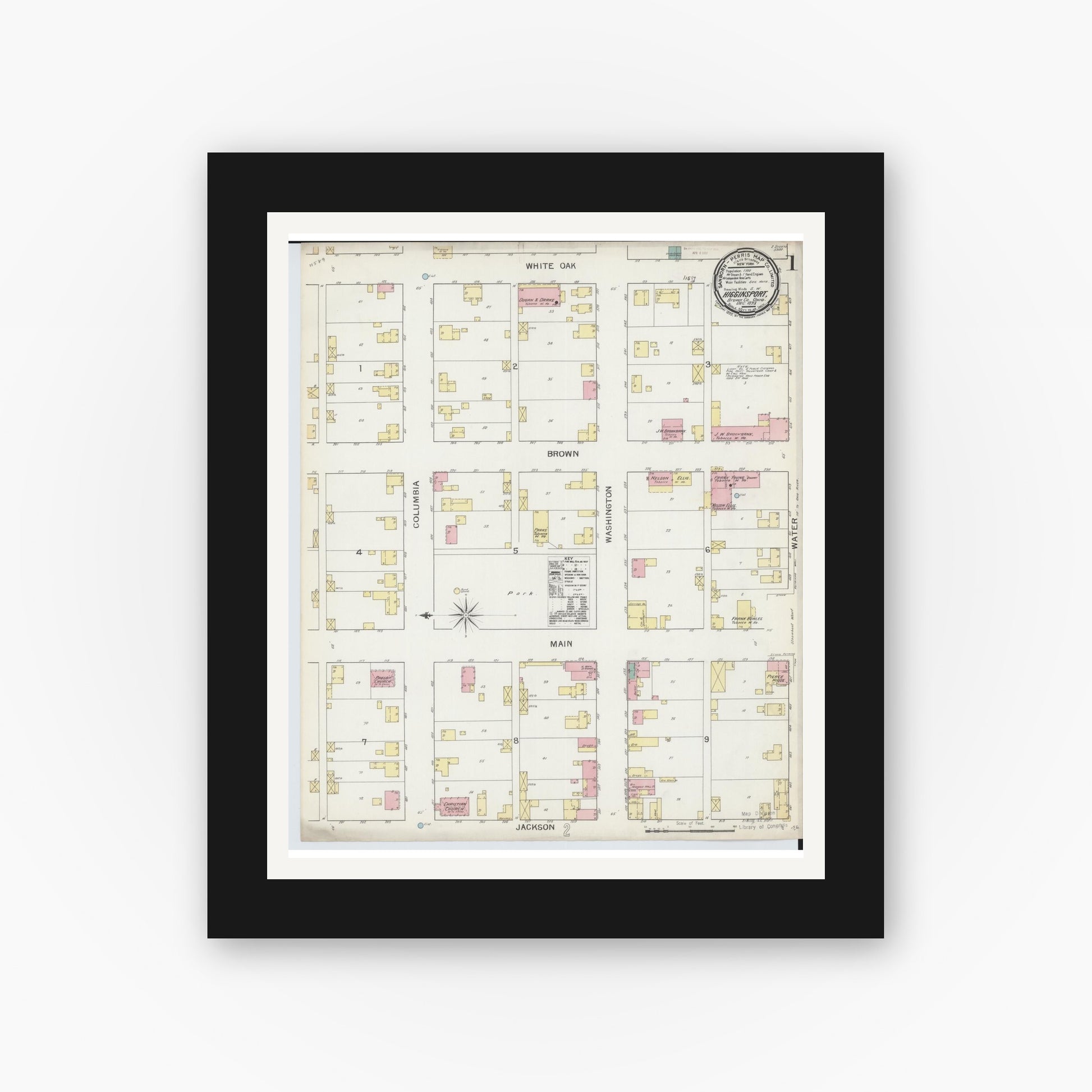 Old map wall art mockup — black gallery frame with white mat — Sanborn Fire Insurance Map from Higginsport, Brown County, Ohio (1892), Sheet #0001