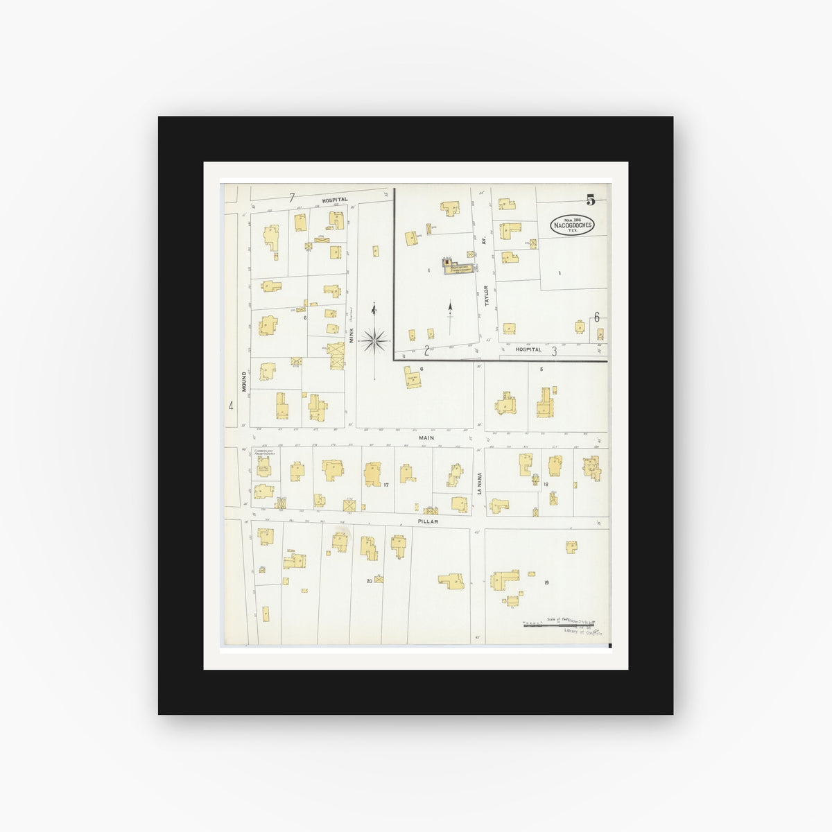 Old map wall art mockup — black gallery frame with white mat — Sanborn Fire Insurance Map from Nacogdoches, Nacogdoches County, Texas (1906), Sheet #0005