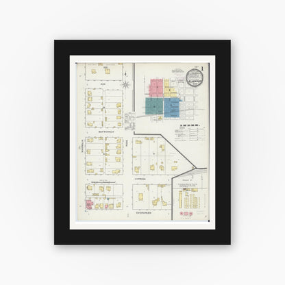 Old map wall art mockup — black gallery frame with white mat — Sanborn Fire Insurance Map from Elmwood, Peoria County, Illinois (1893), Sheet #0001