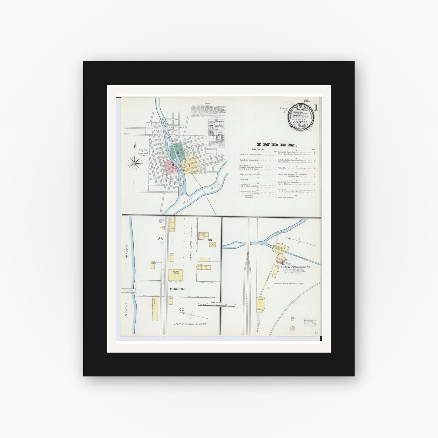 Old map wall art mockup — black gallery frame with white mat — Sanborn Fire Insurance Map from Lowell, Kent County, Michigan (1892) - Complete Map Set