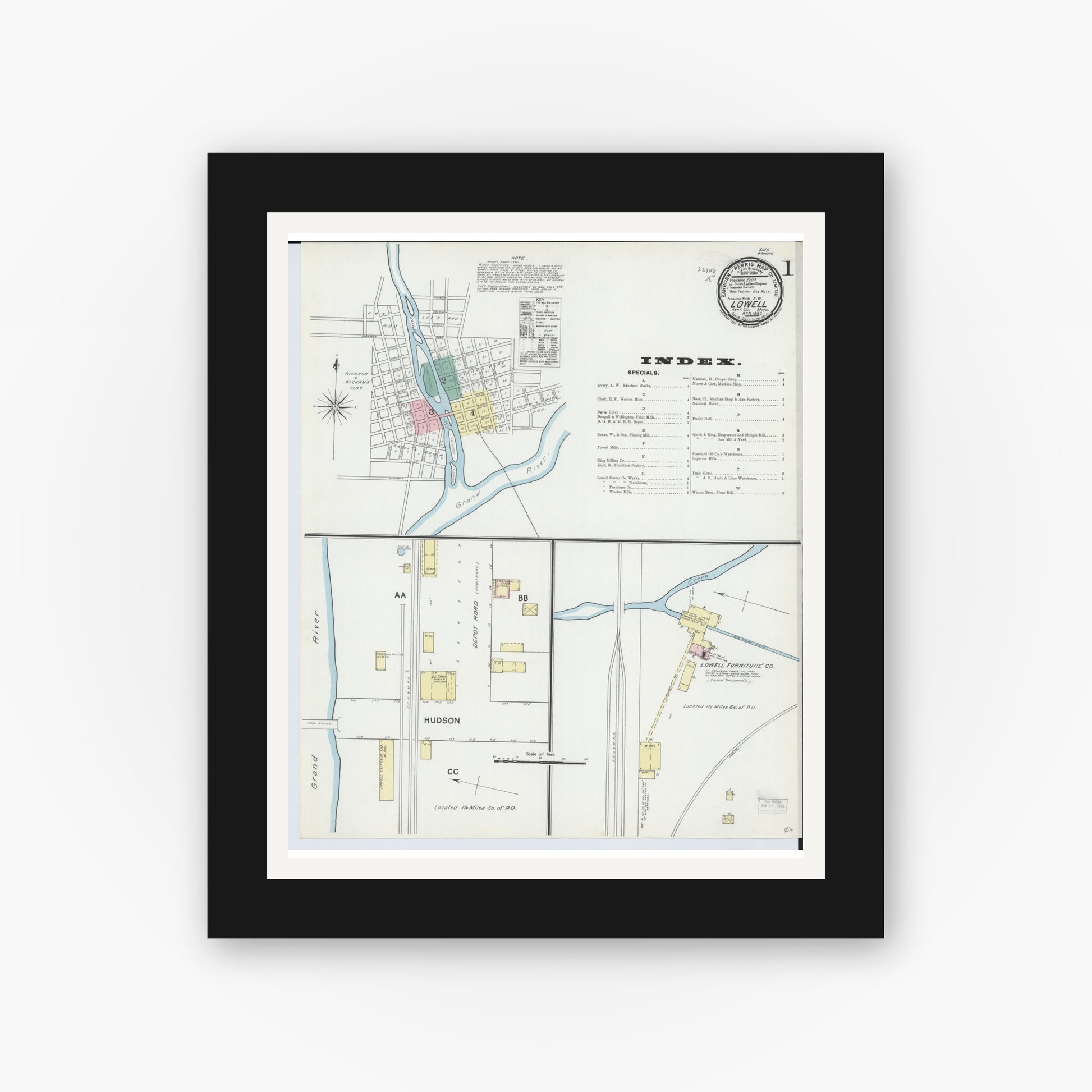 Old map wall art mockup — black gallery frame with white mat — Sanborn Fire Insurance Map from Lowell, Kent County, Michigan (1892) - Complete Map Set