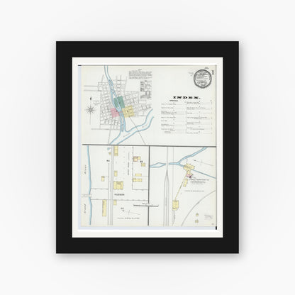 Old map wall art mockup — black gallery frame with white mat — Sanborn Fire Insurance Map from Lowell, Kent County, Michigan (1892) - Complete Map Set