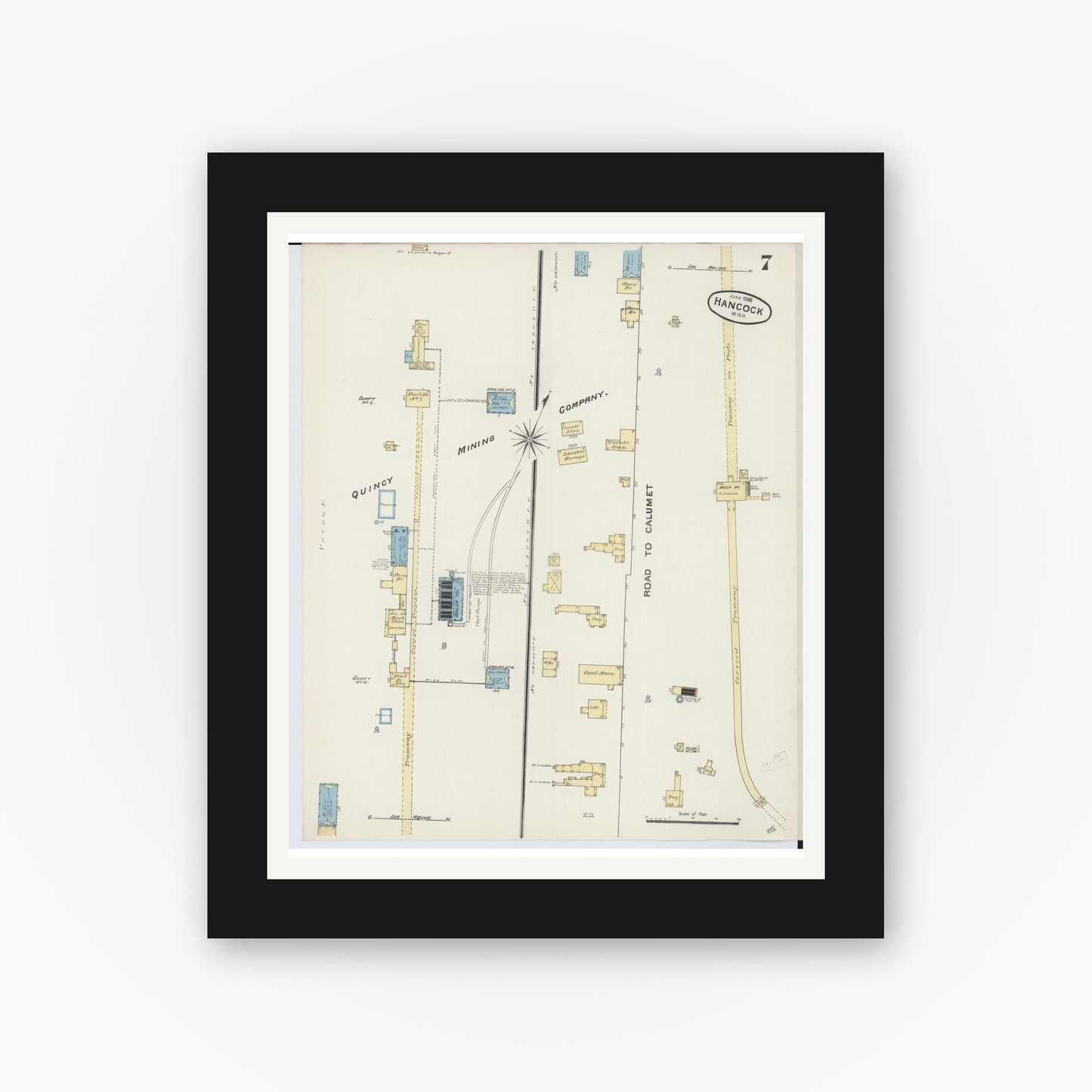 Old map wall art mockup — black gallery frame with white mat — Sanborn Fire Insurance Map from Houghton, Houghton County, Michigan (1888), Sheet #0007