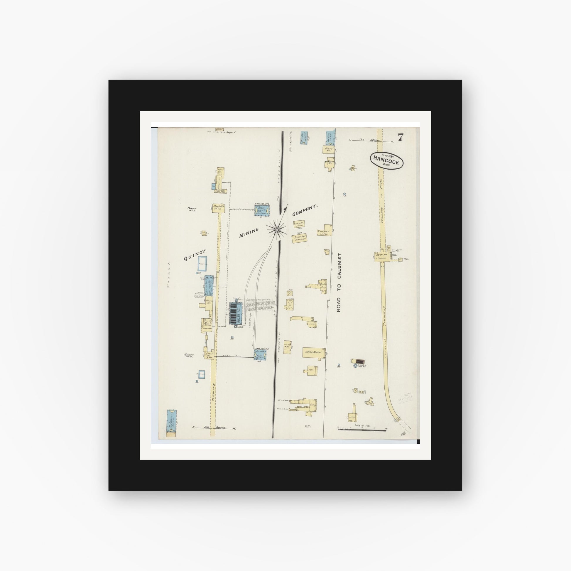 Old map wall art mockup — black gallery frame with white mat — Sanborn Fire Insurance Map from Houghton, Houghton County, Michigan (1888), Sheet #0007