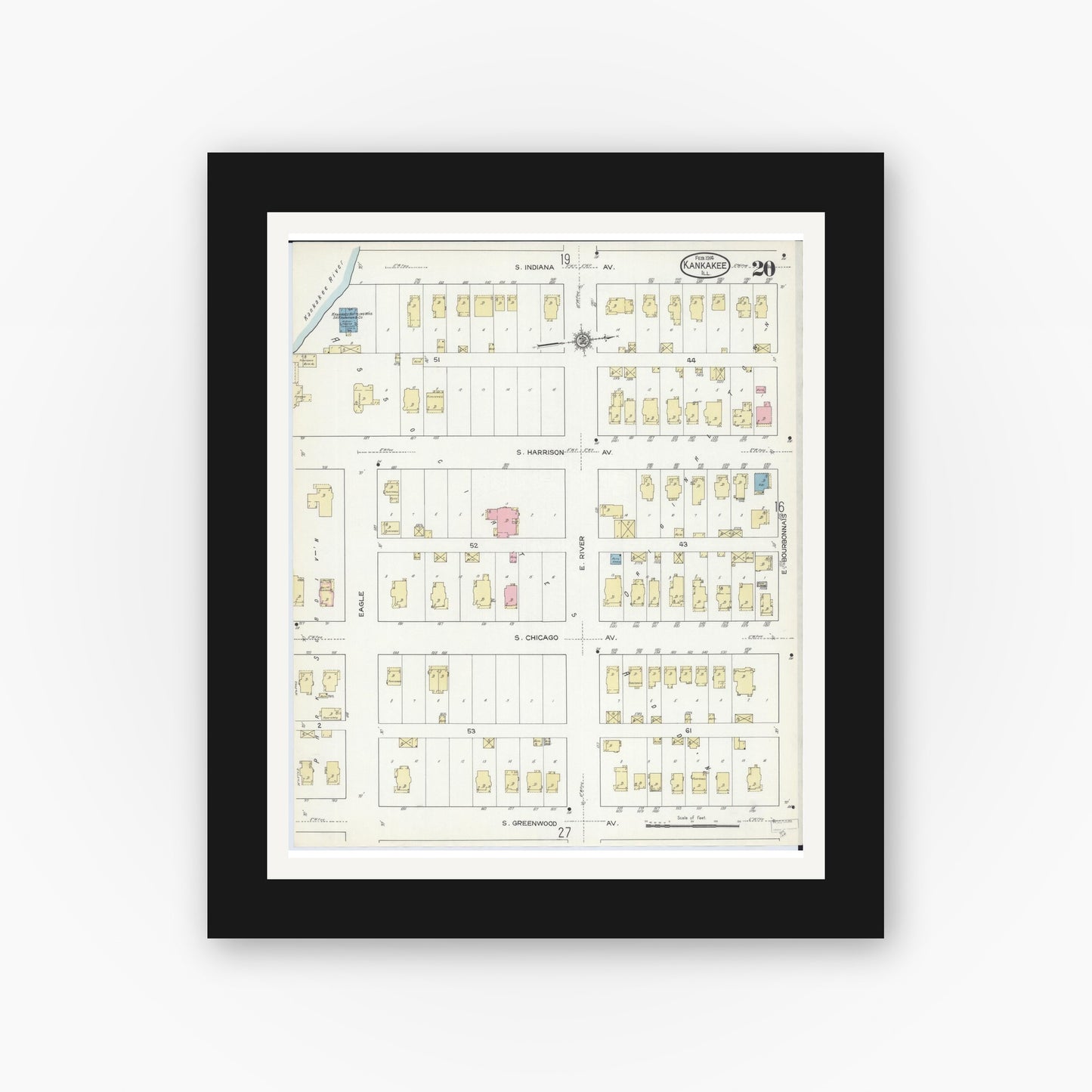 Old map wall art mockup — black gallery frame with white mat — Sanborn Fire Insurance Map from Kankakee, Kankakee County, Illinois (1914), Sheet #0020