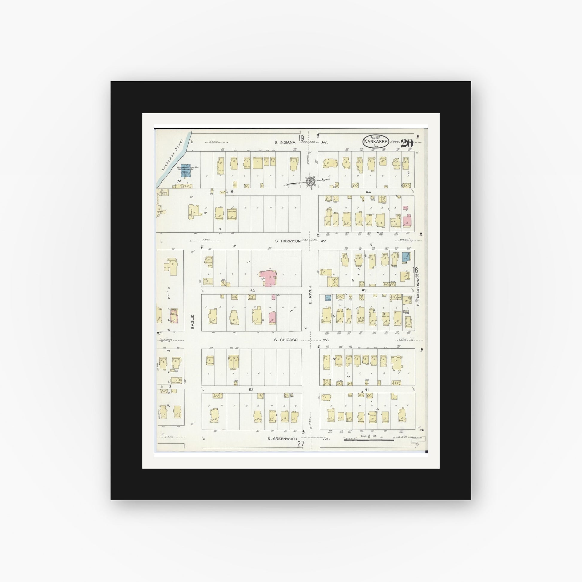Old map wall art mockup — black gallery frame with white mat — Sanborn Fire Insurance Map from Kankakee, Kankakee County, Illinois (1914), Sheet #0020