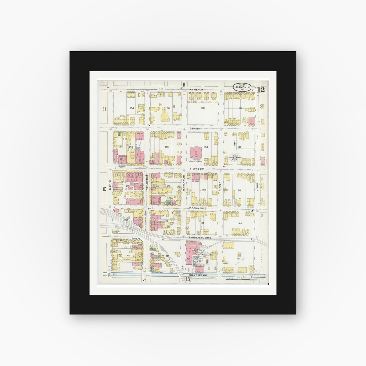 Old map wall art mockup — black gallery frame with white mat — Sanborn Fire Insurance Map from Shamokin, Northumberland County, Pennsylvania (1896), Sheet #0012