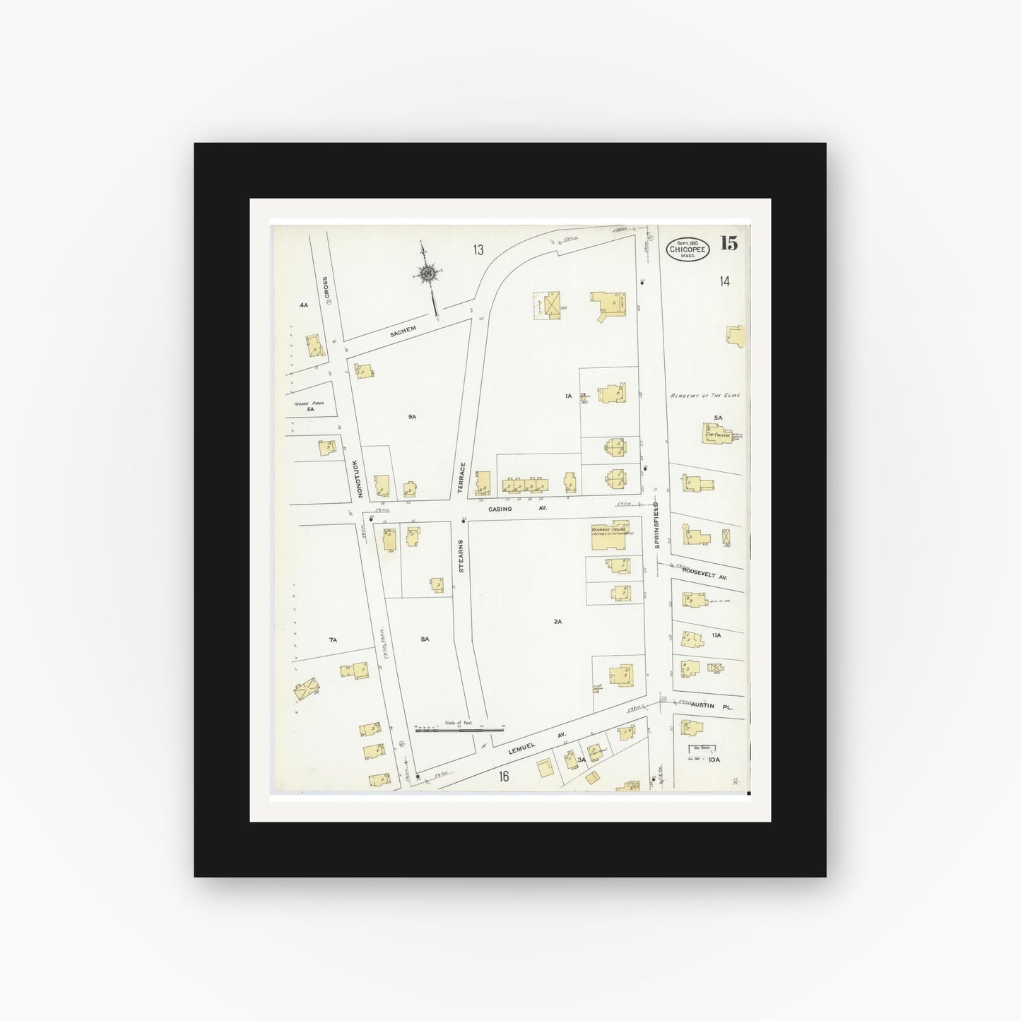 Old map wall art mockup — black gallery frame with white mat — Sanborn Fire Insurance Map from Chicopee, Hampden County, Massachusetts (1910), Sheet #0015