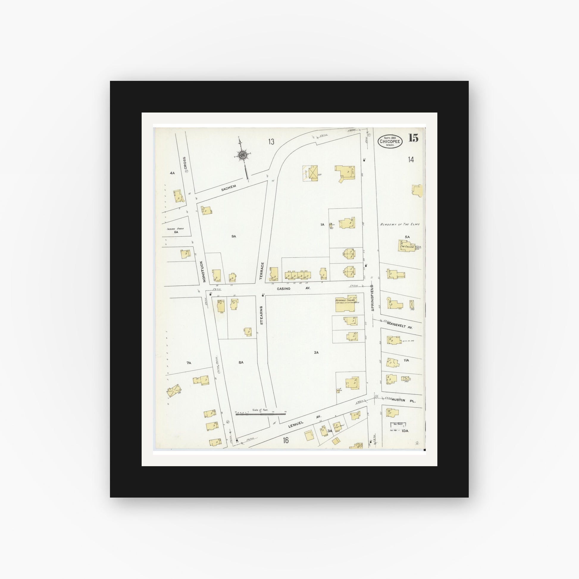 Old map wall art mockup — black gallery frame with white mat — Sanborn Fire Insurance Map from Chicopee, Hampden County, Massachusetts (1910), Sheet #0015