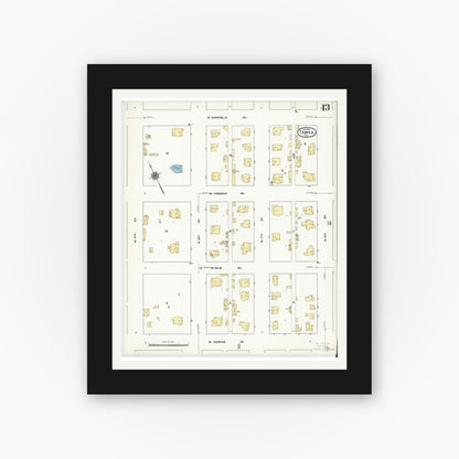 Old map wall art mockup — black gallery frame with white mat — Sanborn Fire Insurance Map from Temple, Bell County, Texas (1910), Sheet #0013