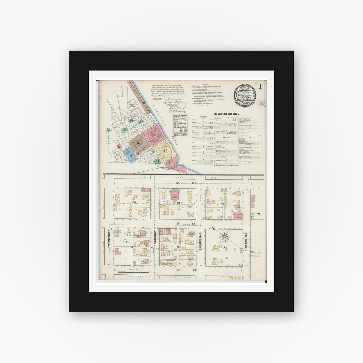 Old map wall art mockup — black gallery frame with white mat — Sanborn Fire Insurance Map from Louisiana, Pike County, Missouri (1890) - Complete Map Set