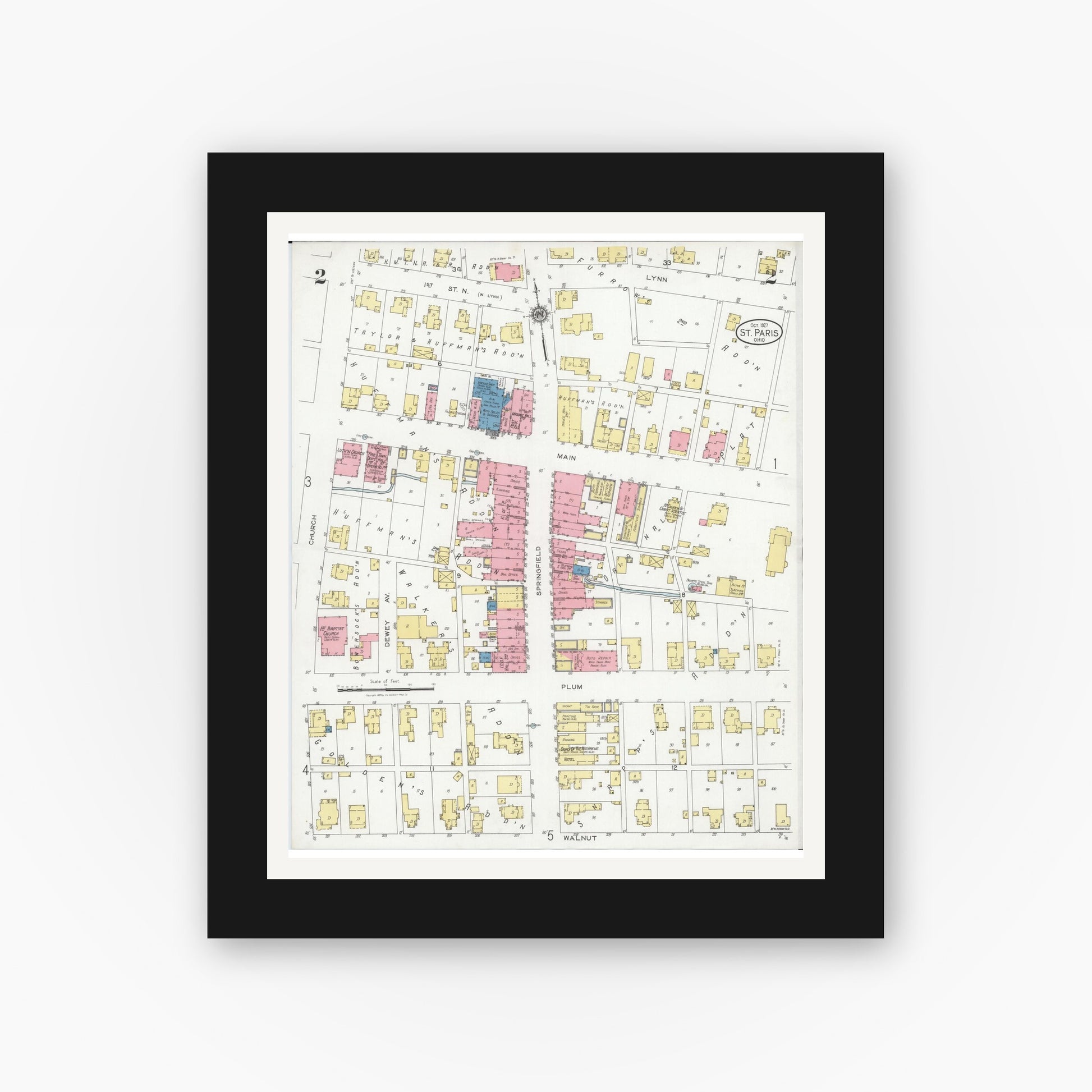 Old map wall art mockup — black gallery frame with white mat — Sanborn Fire Insurance Map from Saint Paris, Champaign County, Ohio (1927), Sheet #0002