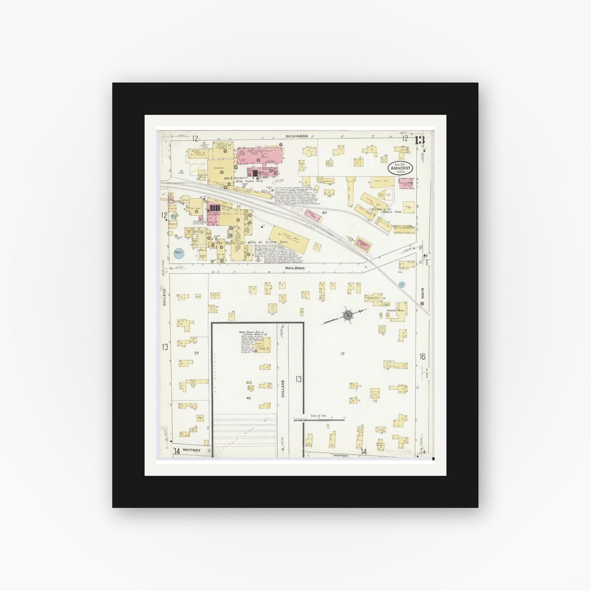 Old map wall art mockup — black gallery frame with white mat — Sanborn Fire Insurance Map from Amherst, Hampshire County, Massachusetts (1910), Sheet #0013
