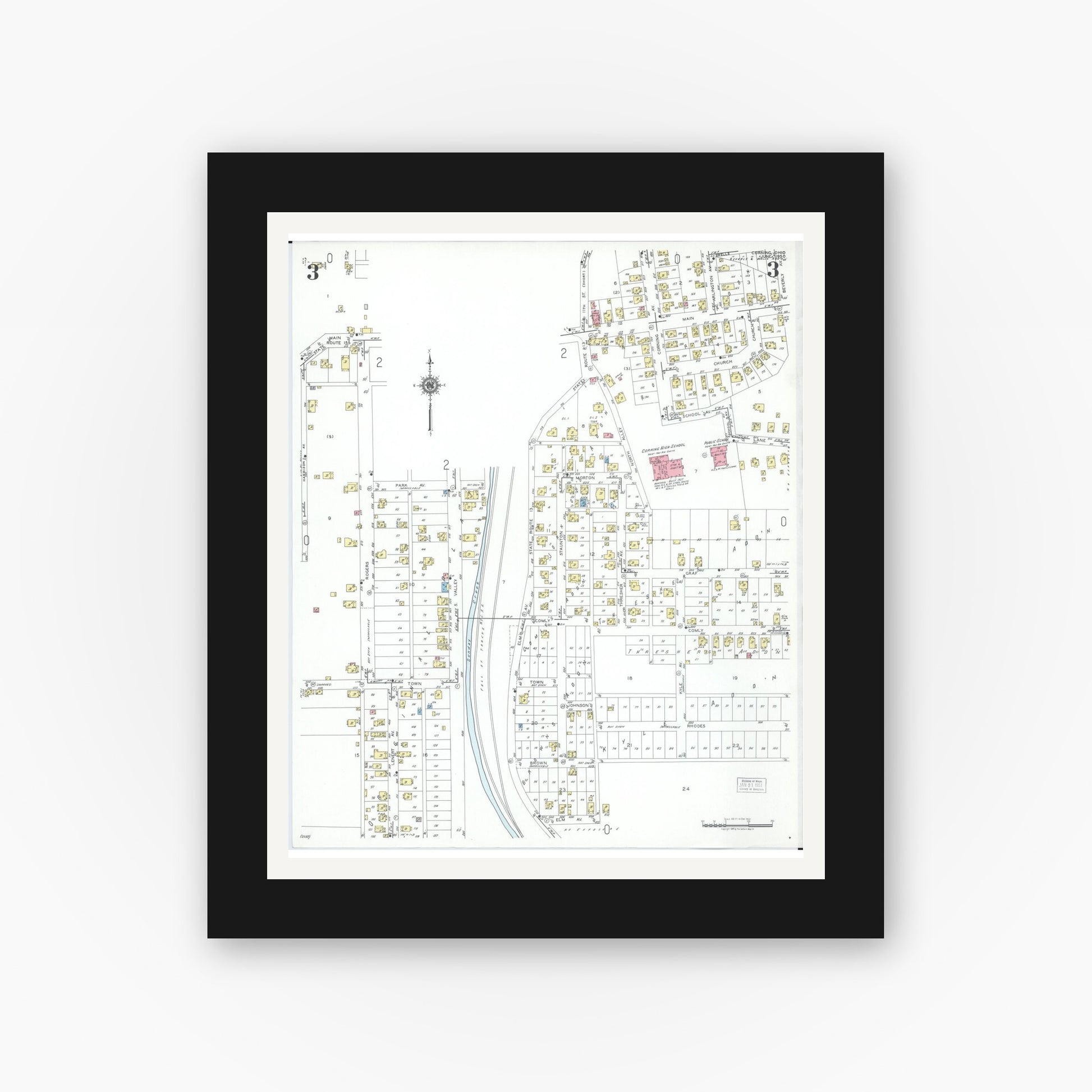 Old map wall art mockup — black gallery frame with white mat — Sanborn Fire Insurance Map from Corning, Perry County, Ohio (1950), Sheet #0003