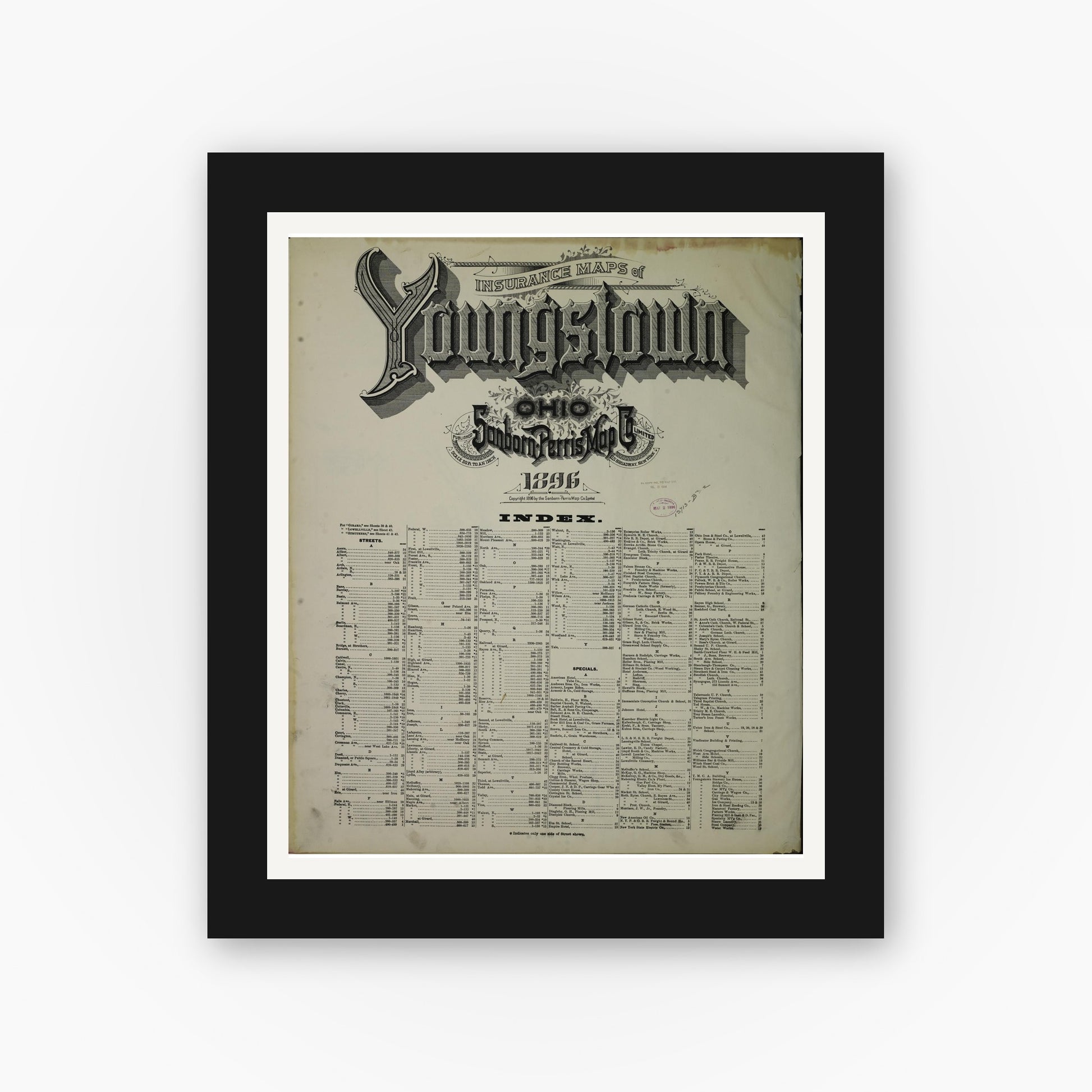Old map wall art mockup — black gallery frame with white mat — Sanborn Fire Insurance Map from Youngstown, Mahoning County, Ohio (1896), Sheet #0001