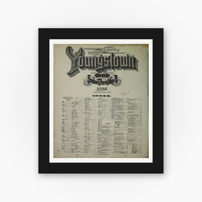 Old map wall art mockup — black gallery frame with white mat — Sanborn Fire Insurance Map from Youngstown, Mahoning County, Ohio (1896), Sheet #0001