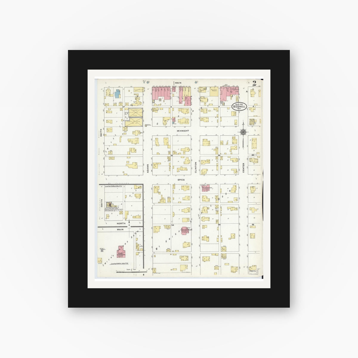 Old map wall art mockup — black gallery frame with white mat — Sanborn Fire Insurance Map from Boswell, Benton County, Indiana (1910), Sheet #0002