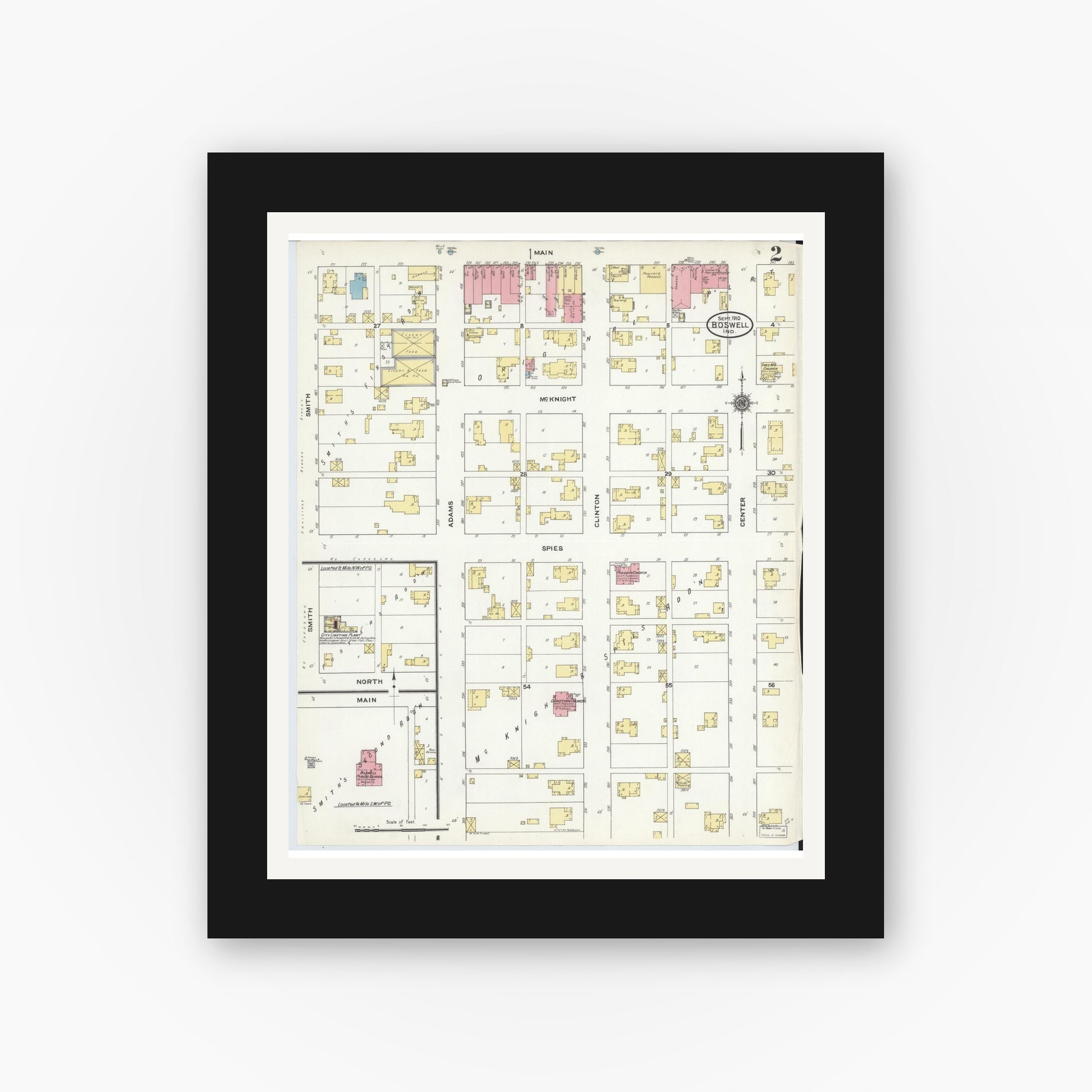 Old map wall art mockup — black gallery frame with white mat — Sanborn Fire Insurance Map from Boswell, Benton County, Indiana (1910), Sheet #0002