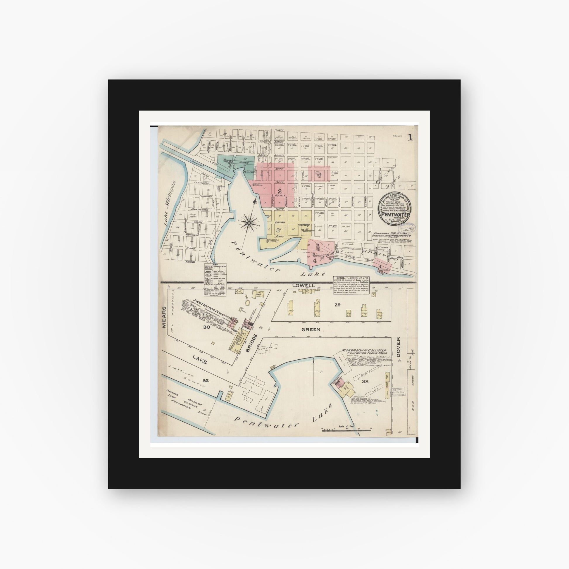 Old map wall art mockup — black gallery frame with white mat — Sanborn Fire Insurance Map from Pentwater, Oceana County, Michigan (1883) - Complete Map Set