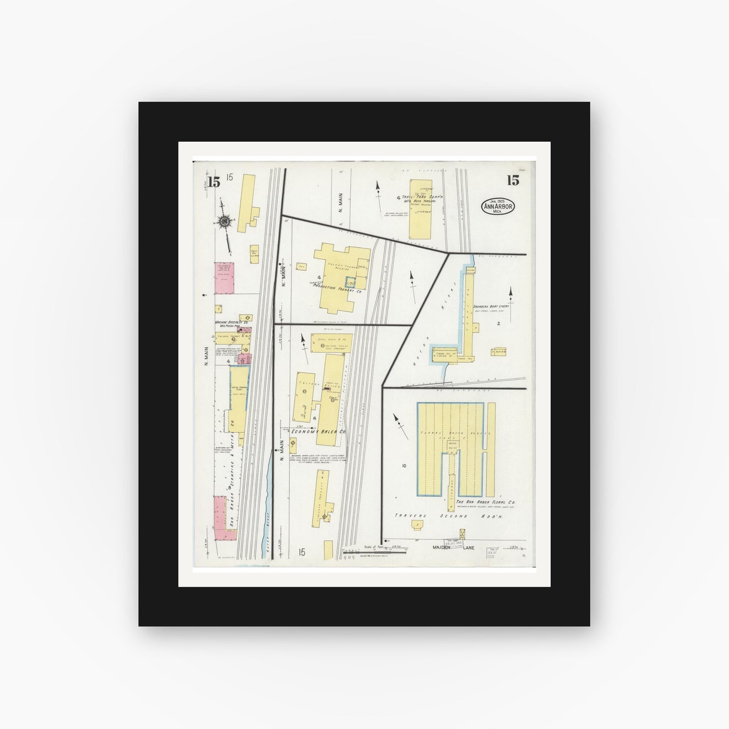 Old map wall art mockup — black gallery frame with white mat — Sanborn Fire Insurance Map from Ann Arbor, Washtenaw County, Michigan (1925), Sheet #0015