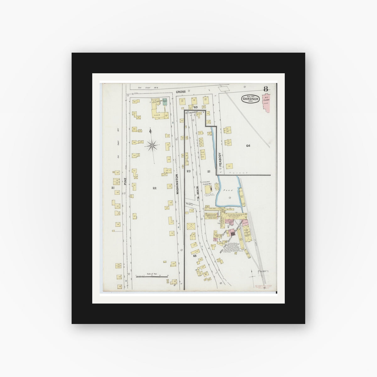Old map wall art mockup — black gallery frame with white mat — Sanborn Fire Insurance Map from Gardner, Worcester County, Massachusetts (1889), Sheet #0008