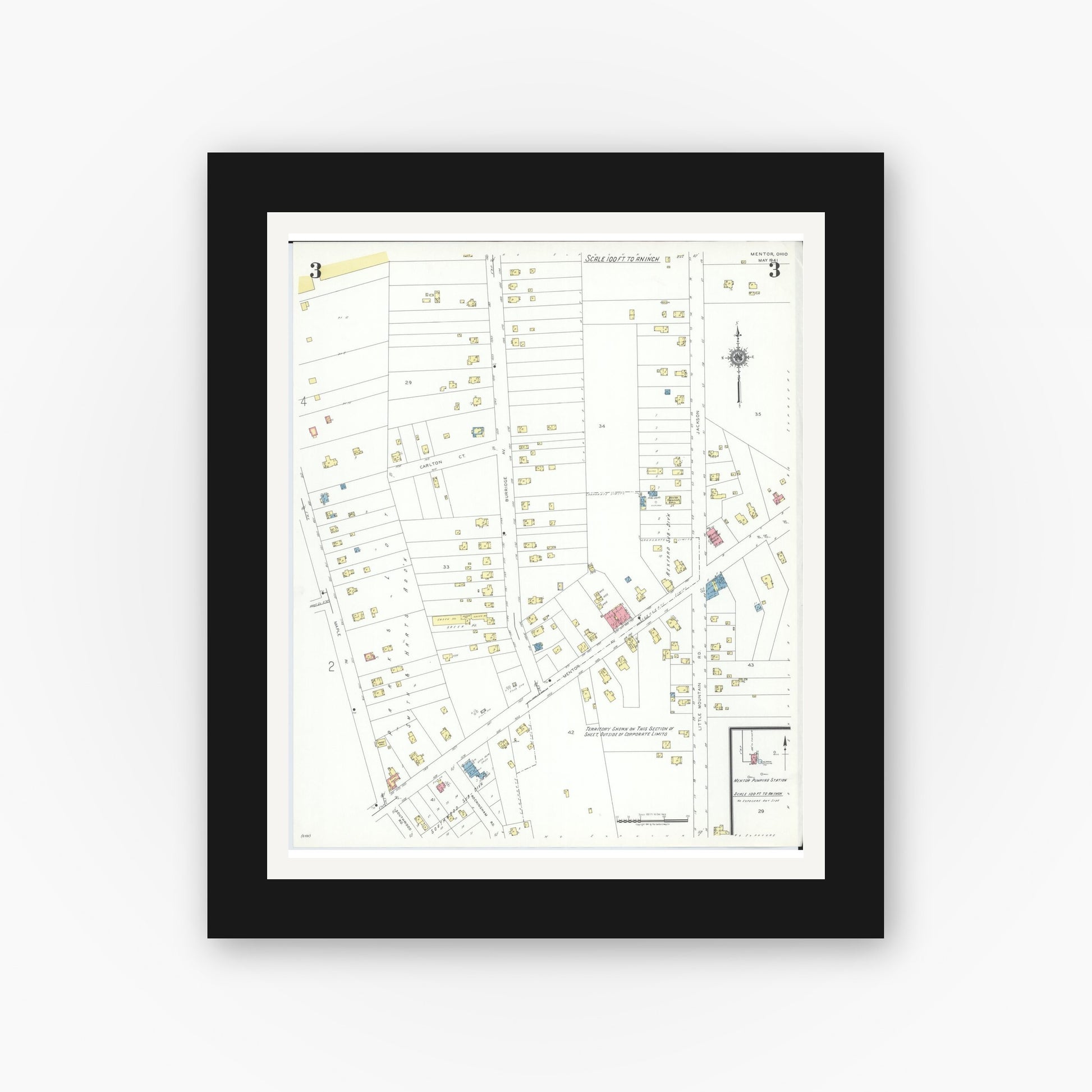 Old map wall art mockup — black gallery frame with white mat — Sanborn Fire Insurance Map from Mentor, Lake County, Ohio (1941), Sheet #0003