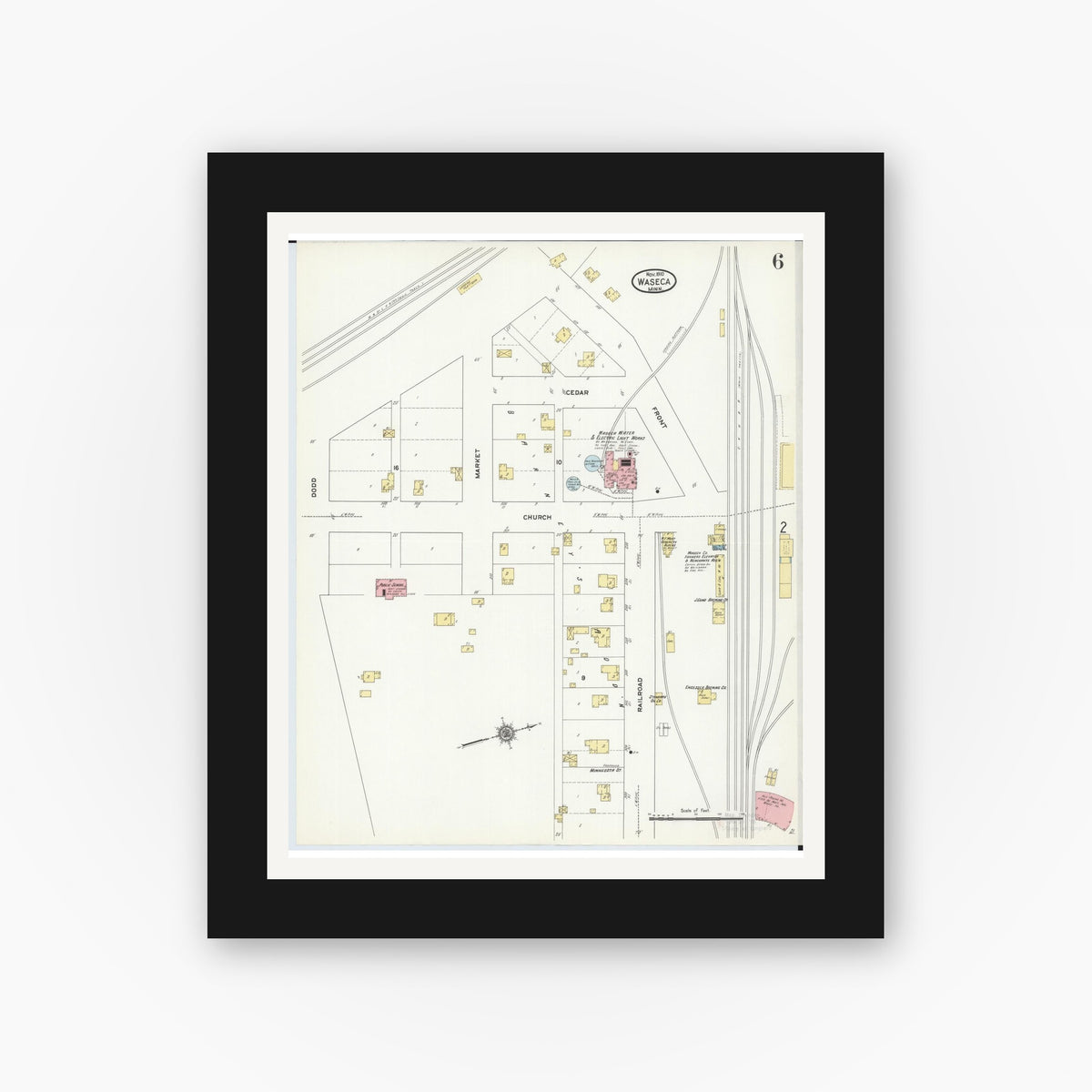 Old map wall art mockup — black gallery frame with white mat — Sanborn Fire Insurance Map from Waseca, Waseca County, Minnesota (1910), Sheet #0006