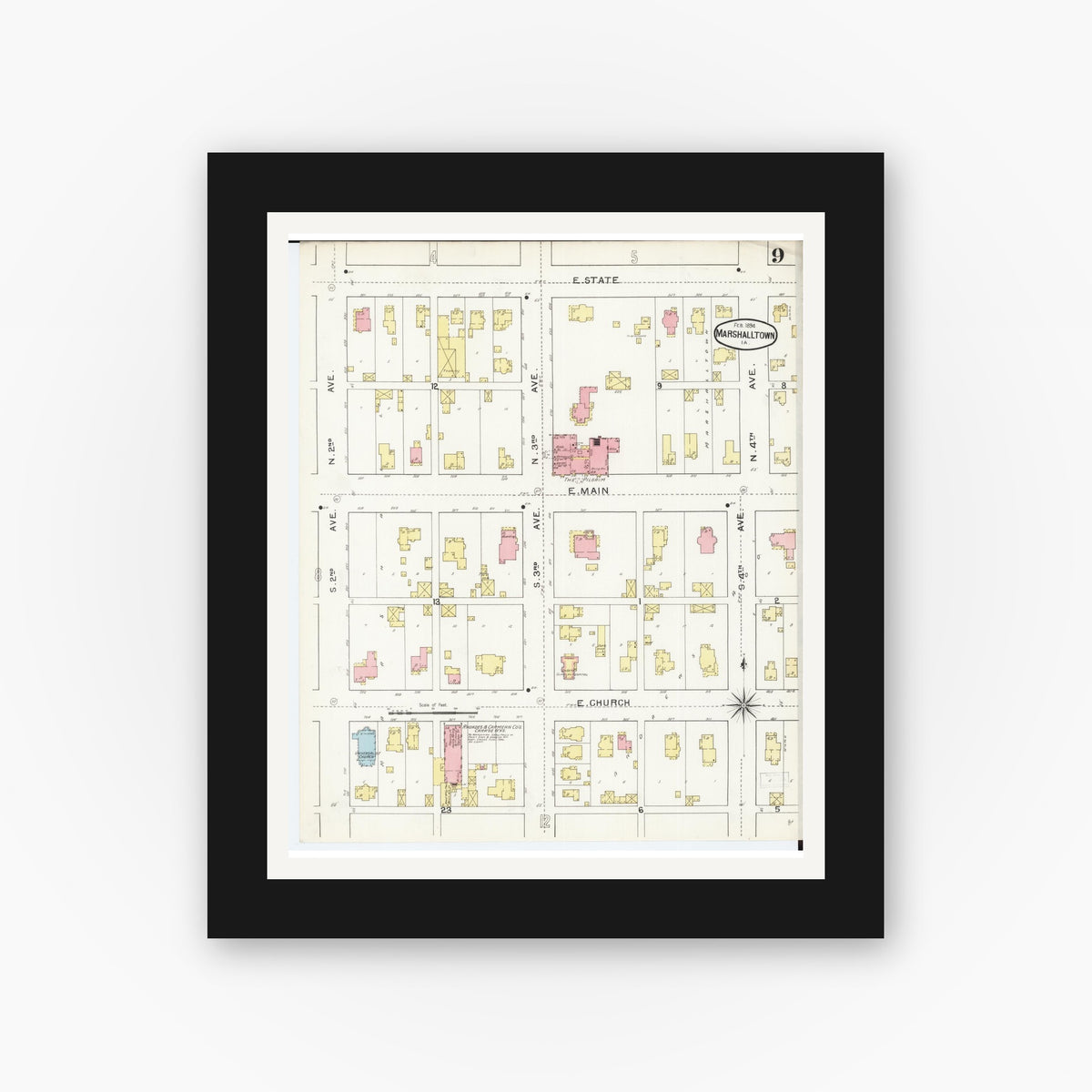 Old map wall art mockup — black gallery frame with white mat — Sanborn Fire Insurance Map from Marshalltown, Marshall County, Iowa (1894), Sheet #0009