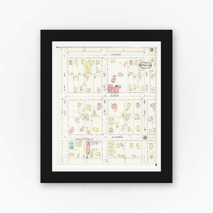 Old map wall art mockup — black gallery frame with white mat — Sanborn Fire Insurance Map from Marshalltown, Marshall County, Iowa (1894), Sheet #0009